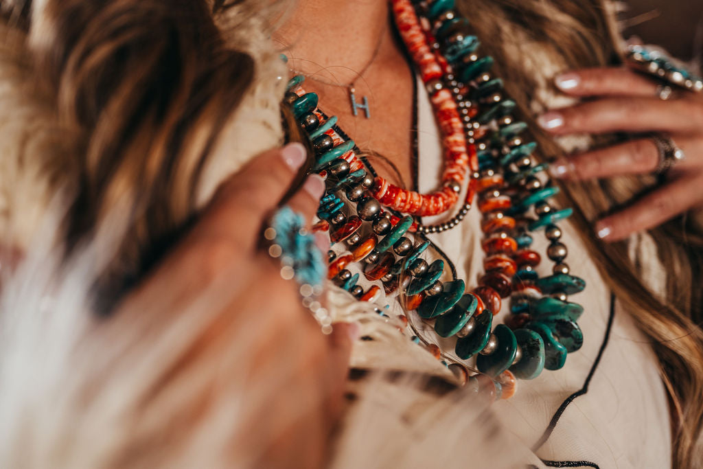 Handmade choker necklace featuring sterling silver pearls, turquoise, and Western-style beads. Designed for layering or solo wear, crafted in the USA by The Bijoux FAB.