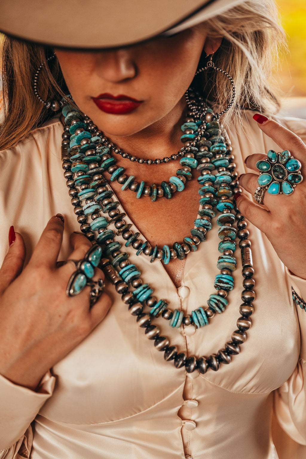 Handmade Western necklaces featuring sterling silver pearls and genuine turquoise. Crafted in the USA with high-quality materials