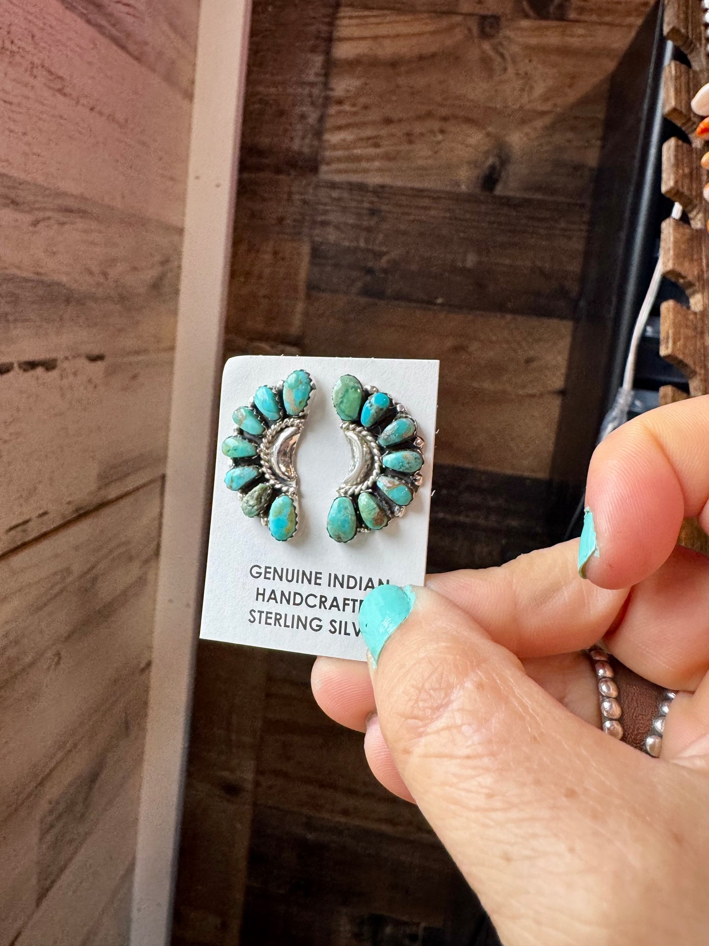 Handcrafted turquoise half cluster earrings made with genuine turquoise stones and solid sterling silver. Stamped LW. Each pair has unique color and pattern variations. Made in the USA and curated by The Bijoux FAB.