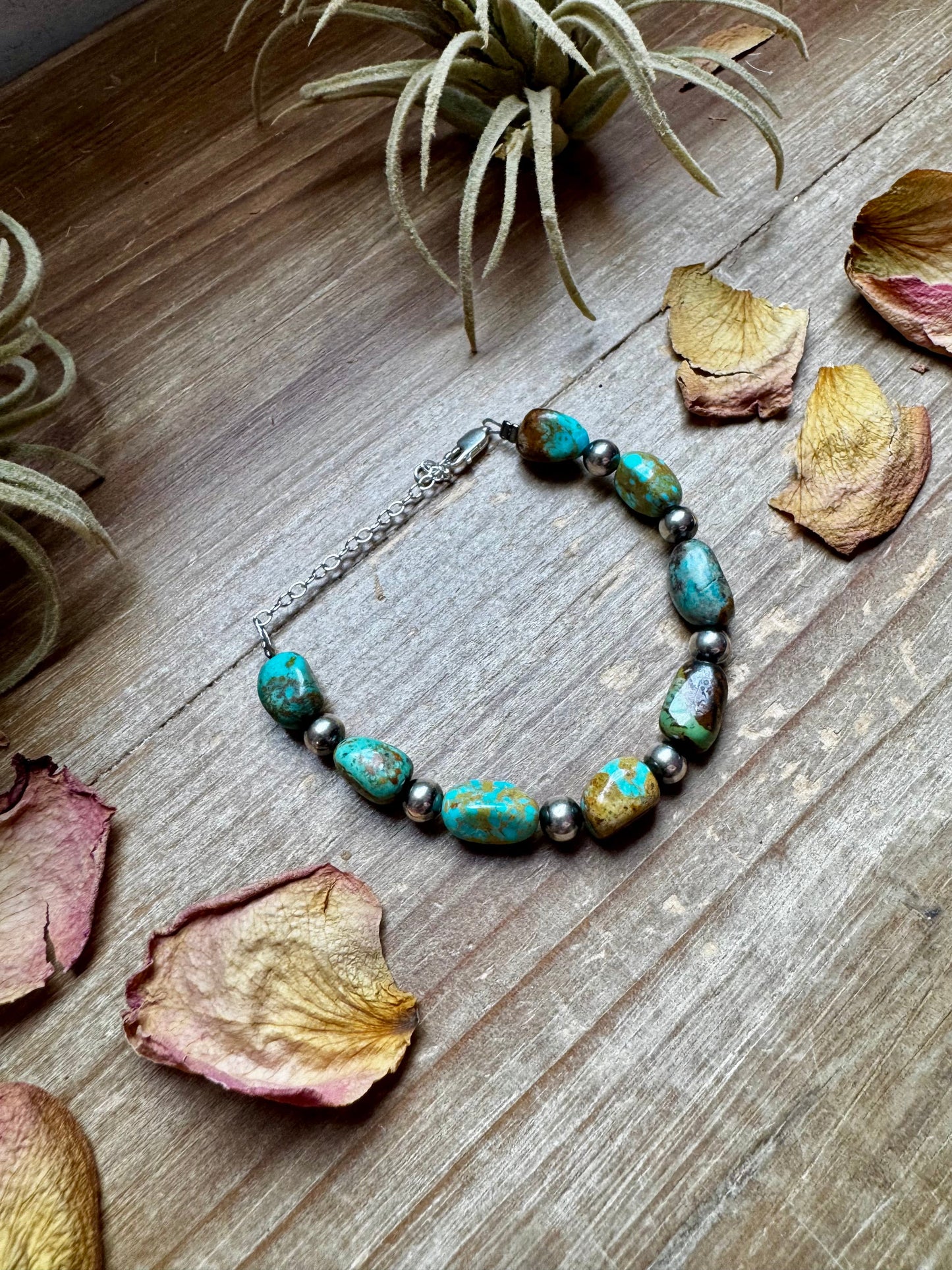 Turquoise nugget and 6mm sterling silver pearl bracelet with sterling lobster clasp and extender chain, handmade in Texas