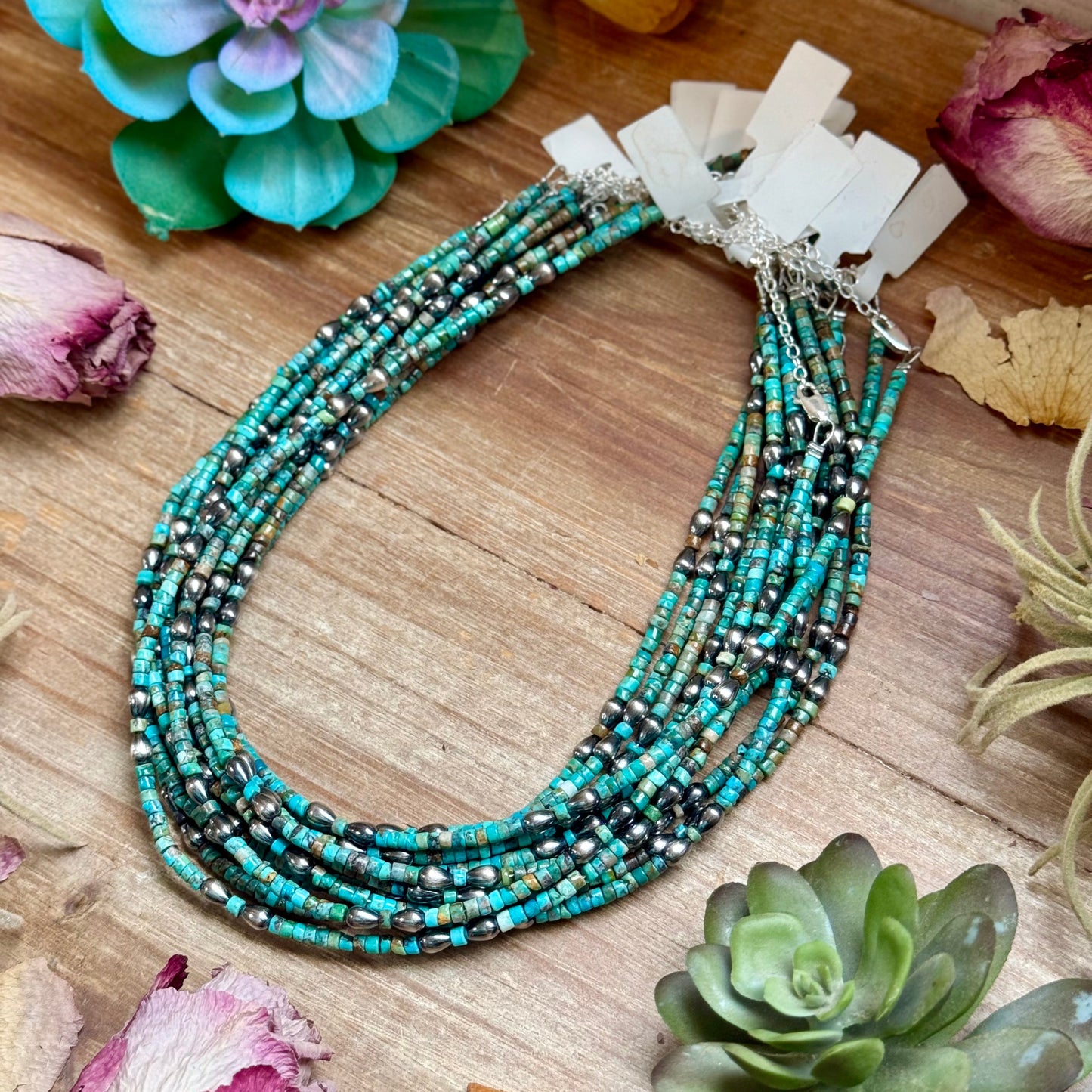 Turquoise Heishi Necklace with Pear Shape Pendant – 14”