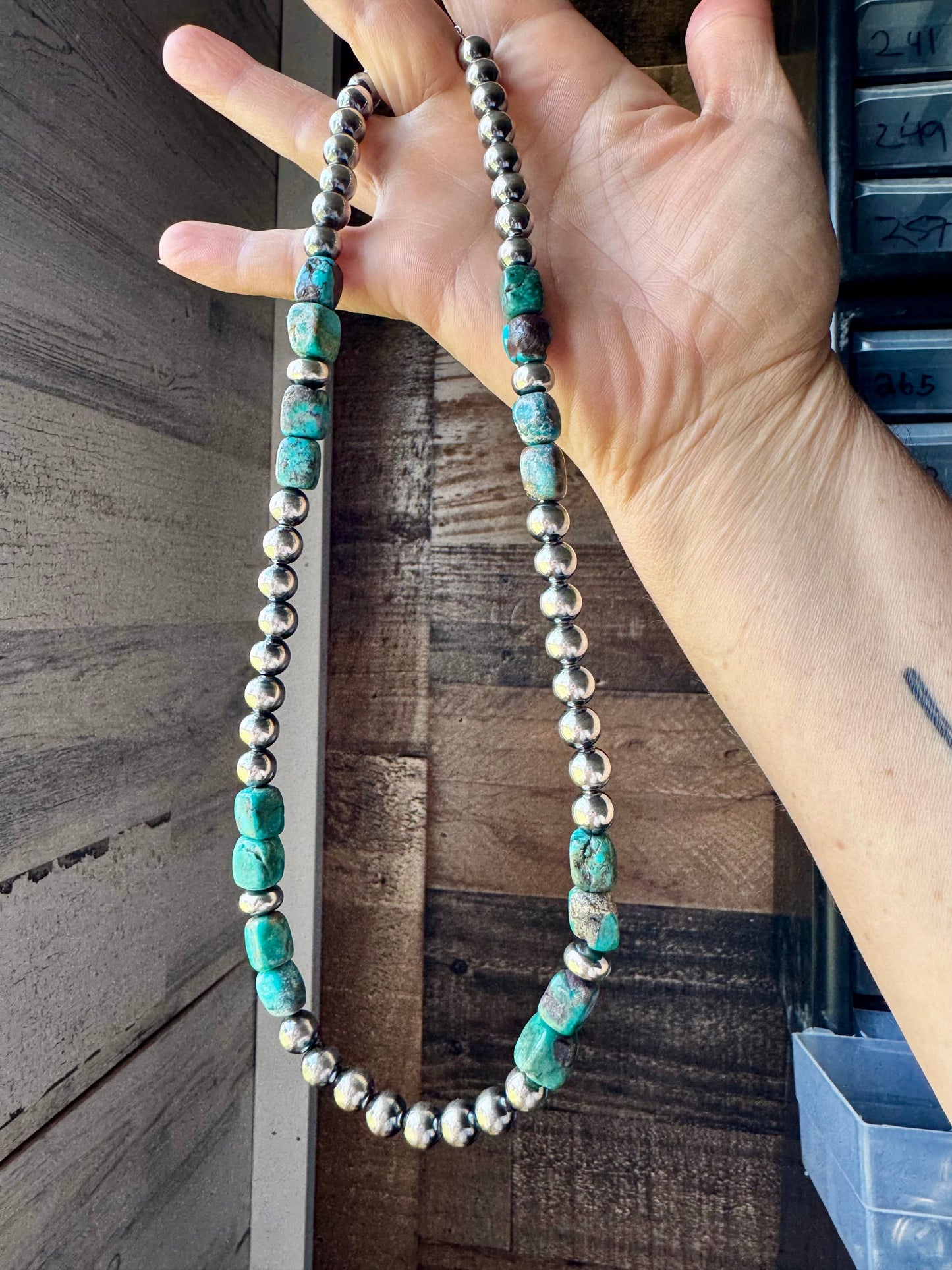Blue Turquoise & Sterling Silver Necklace – 8 mm Pearls – 20 ½ Inch