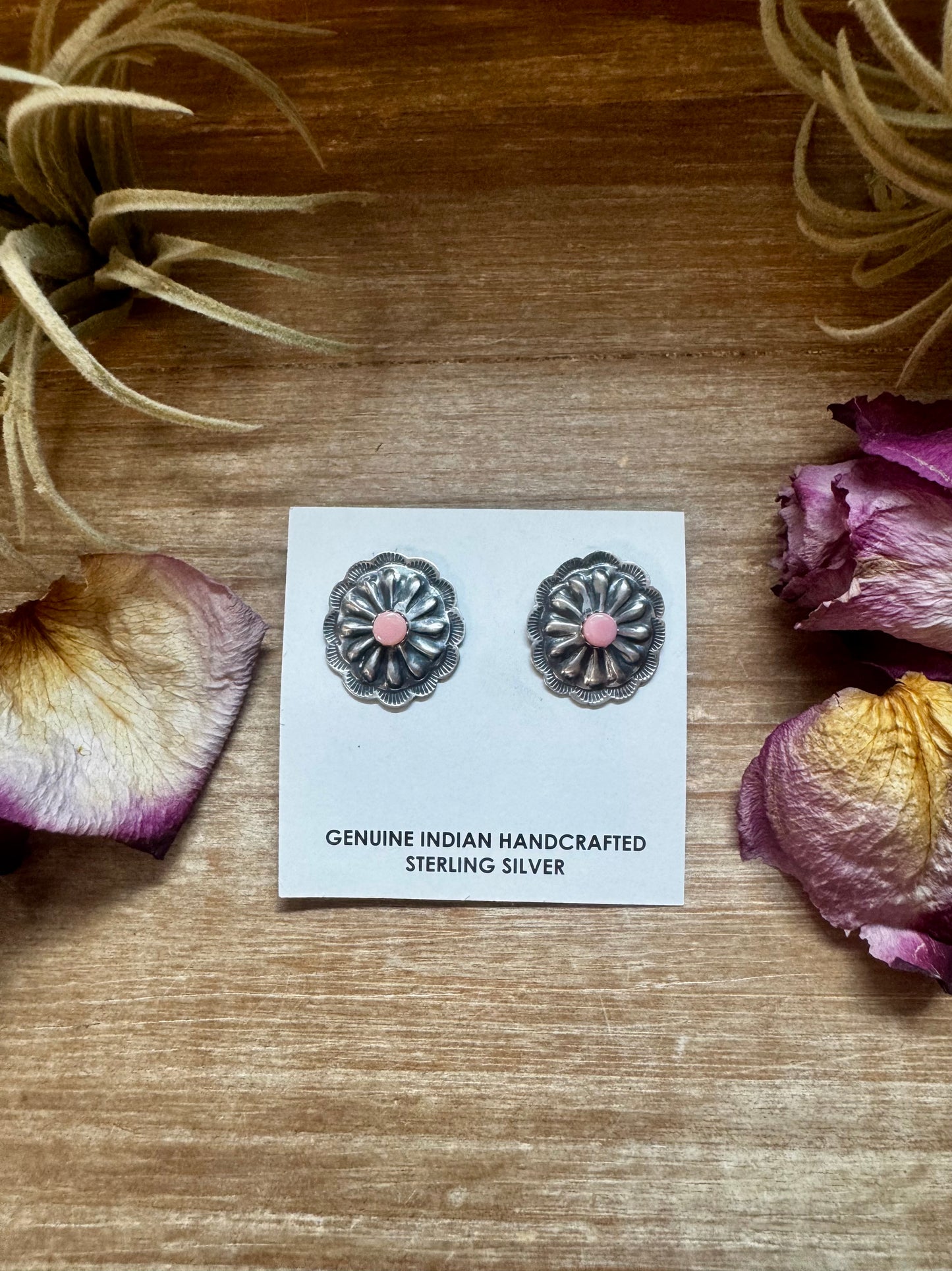 Sterling silver concho stud earrings with pink conch center, Native made in the USA, one of a kind