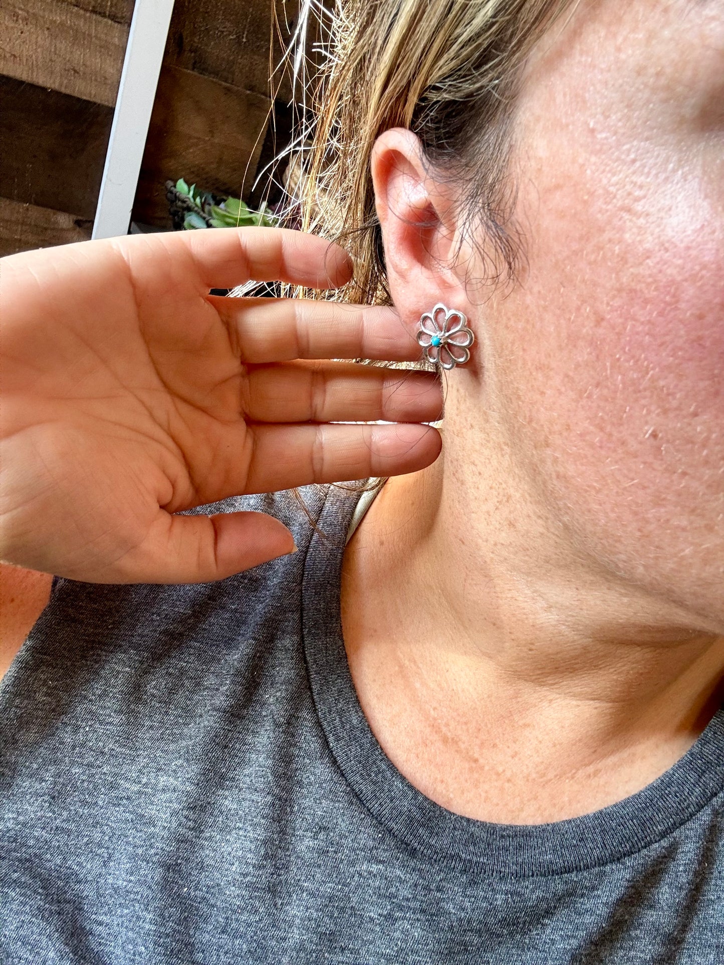 Zuni handmade flower-shaped cluster earrings featuring genuine turquoise stones set in solid sterling silver. Lightweight and unique. Made in the USA and curated by The Bijoux FAB.