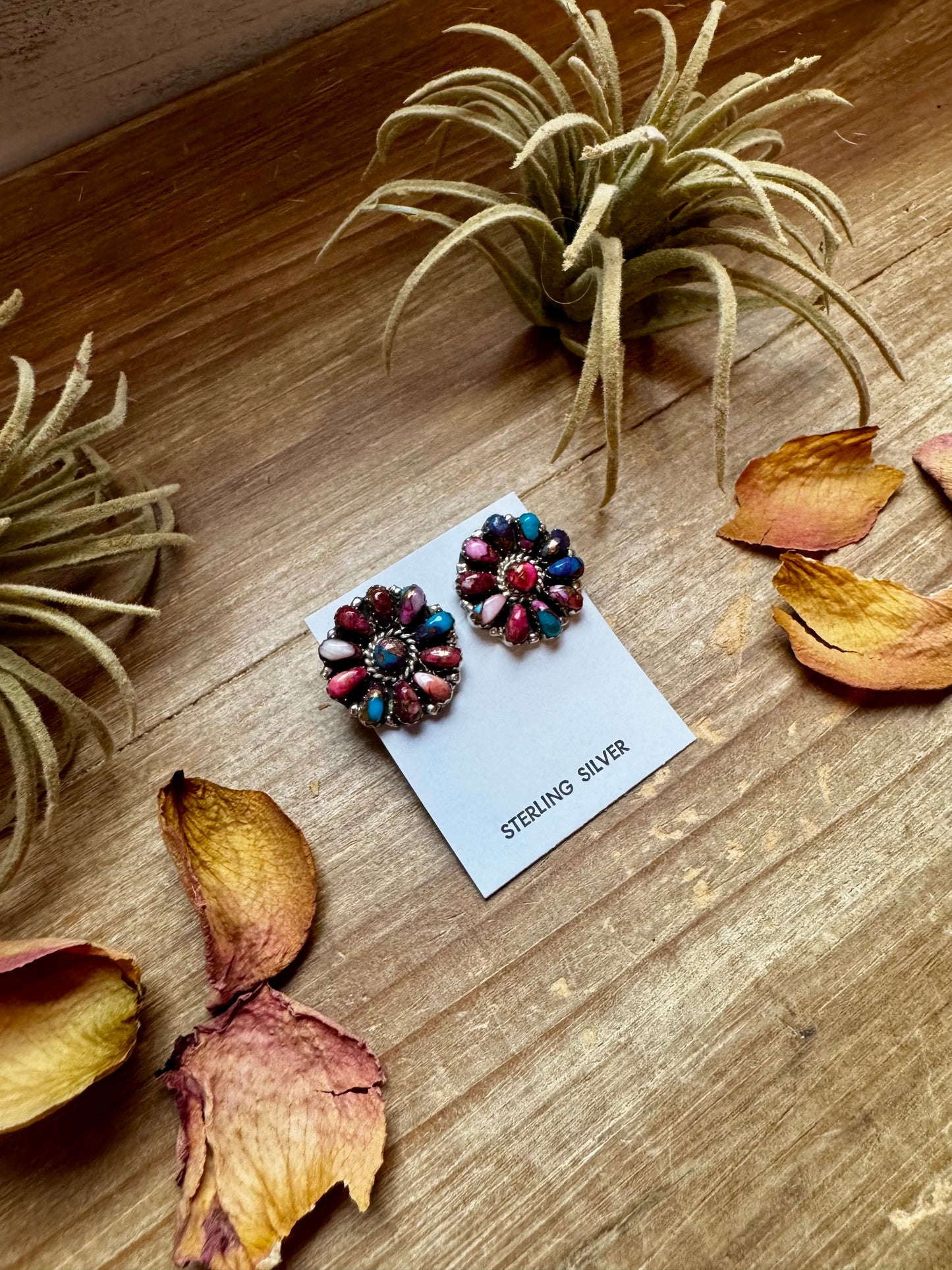 Handcrafted full cluster earrings featuring vibrant Pink Dahlia stones set in solid sterling silver. Stamped JW and made in the USA. Lightweight and unique. Curated by The Bijoux FAB.