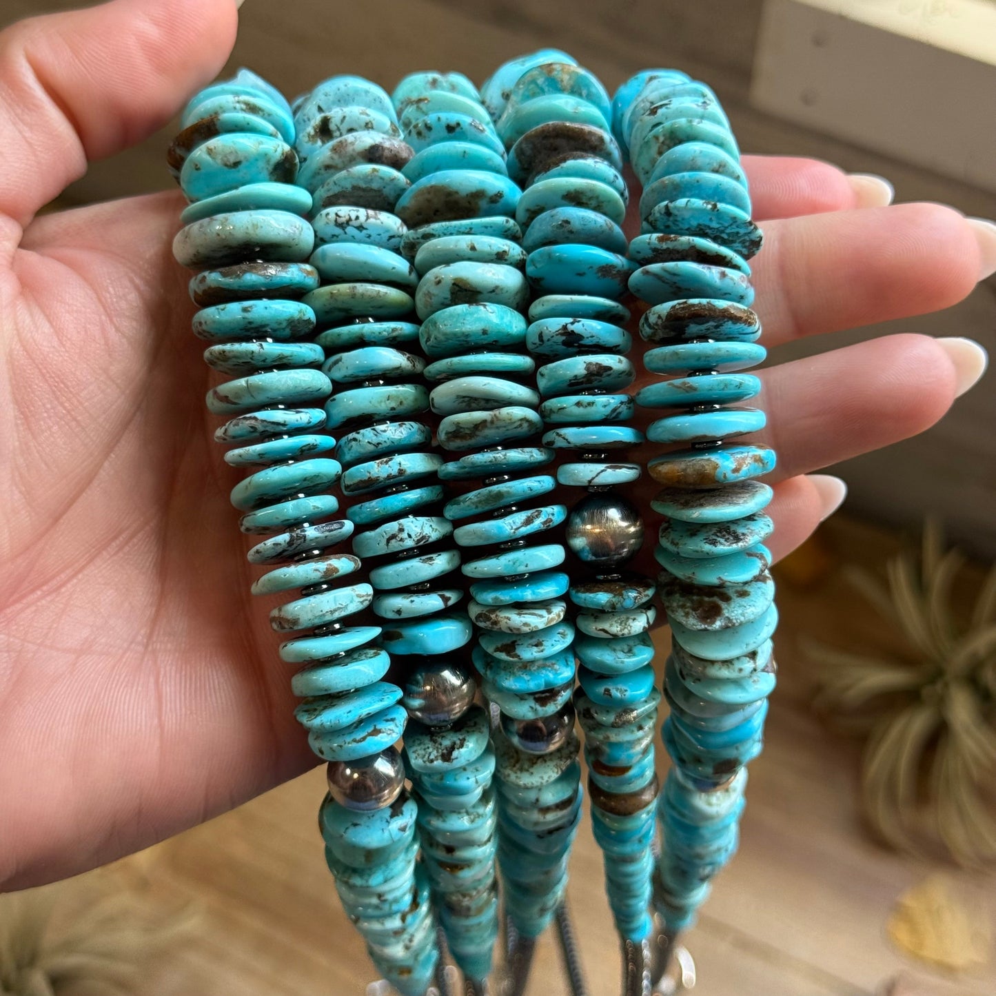 23” Ice Blue Turquoise Graduated Necklace – Sterling Silver & Hematite