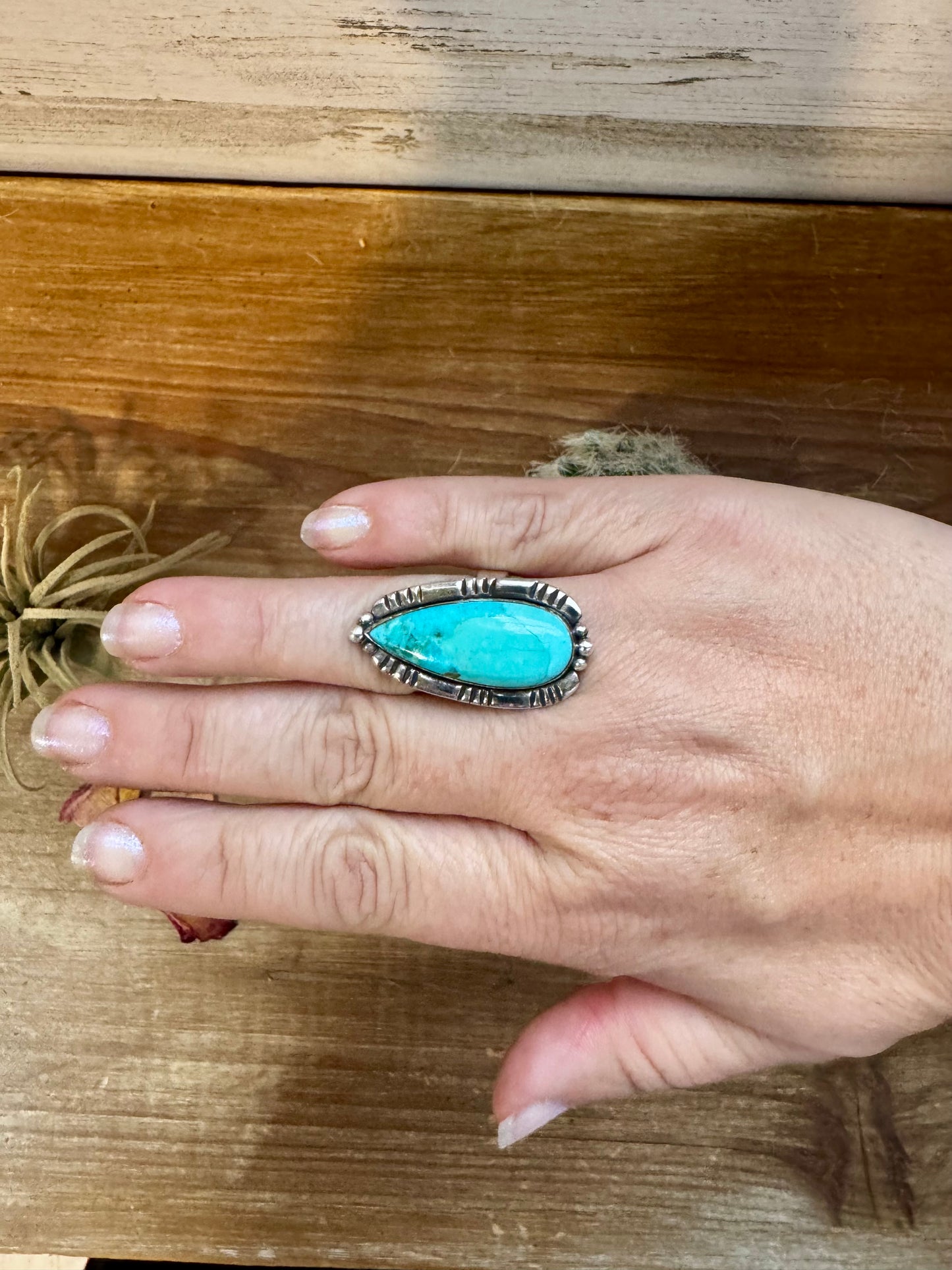 Long Ring- adjustable- Kingman turquoise ring and sterling silver