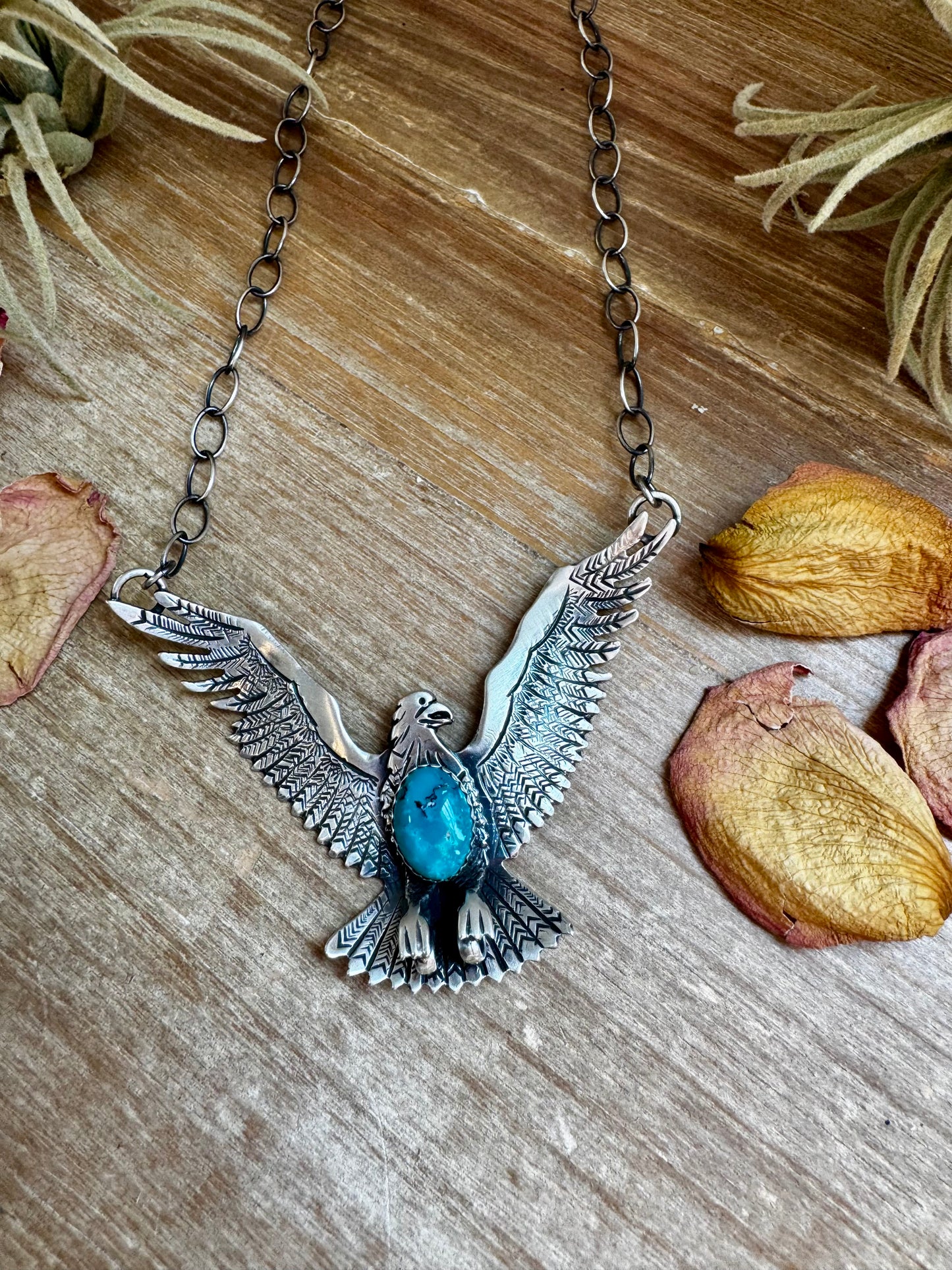 One-of-a-kind sterling silver eagle necklace with turquoise, Native made by Rob T. Kelly