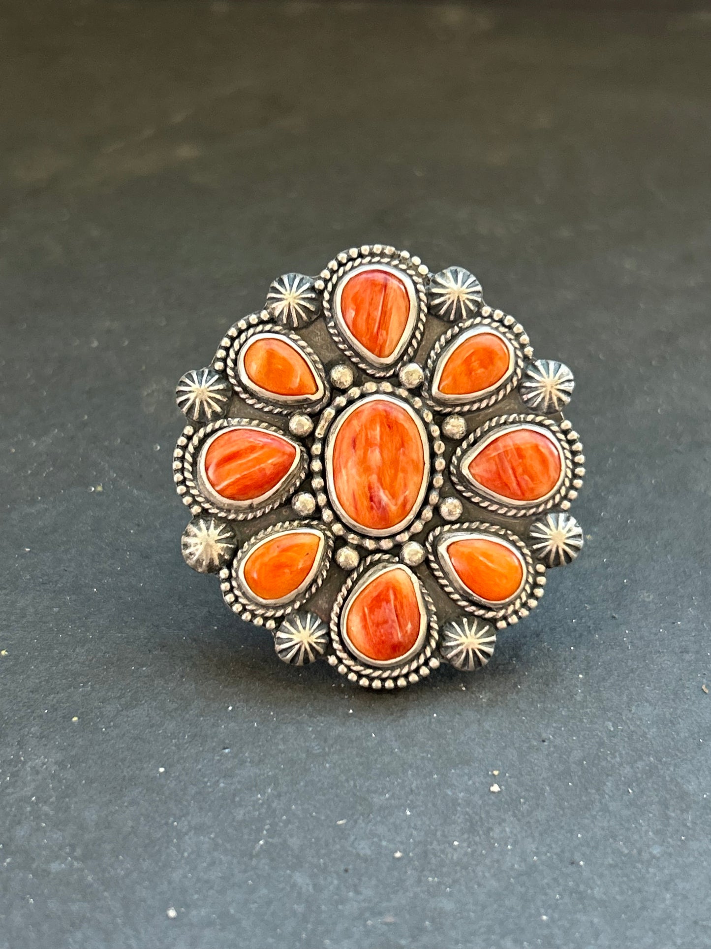 Sterling silver orange spiny oyster cluster ring, handcrafted by artist Shay Pfeiffer in the USA