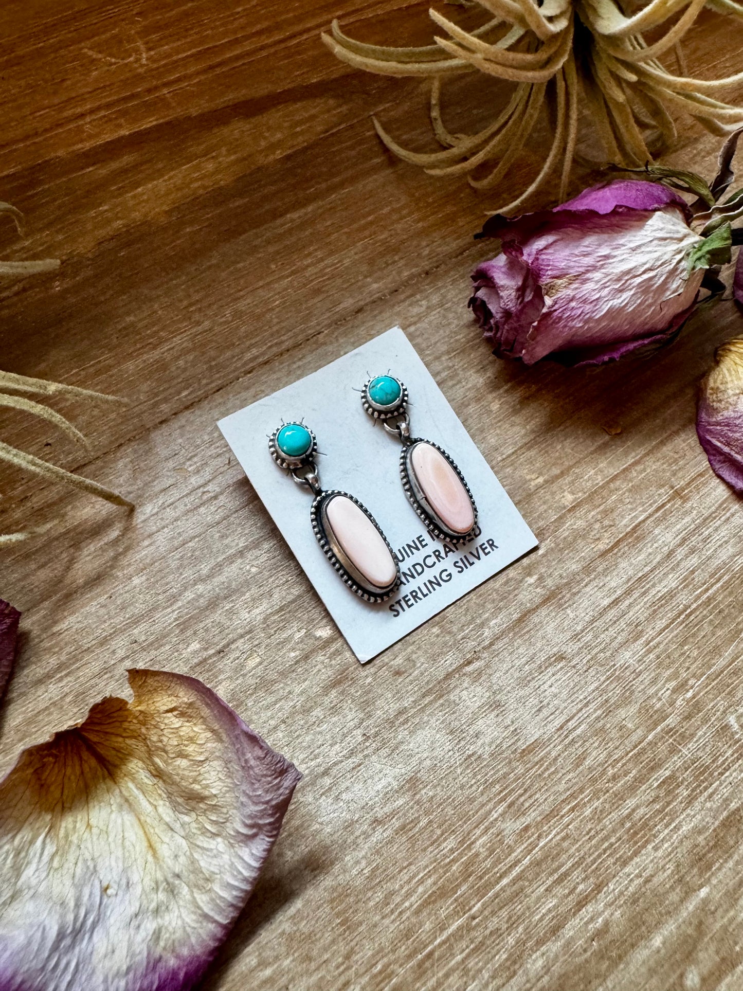 Kingman Turquoise & Pink Conch Dangle Earrings – Sterling Silver – Native Made by Marcella James