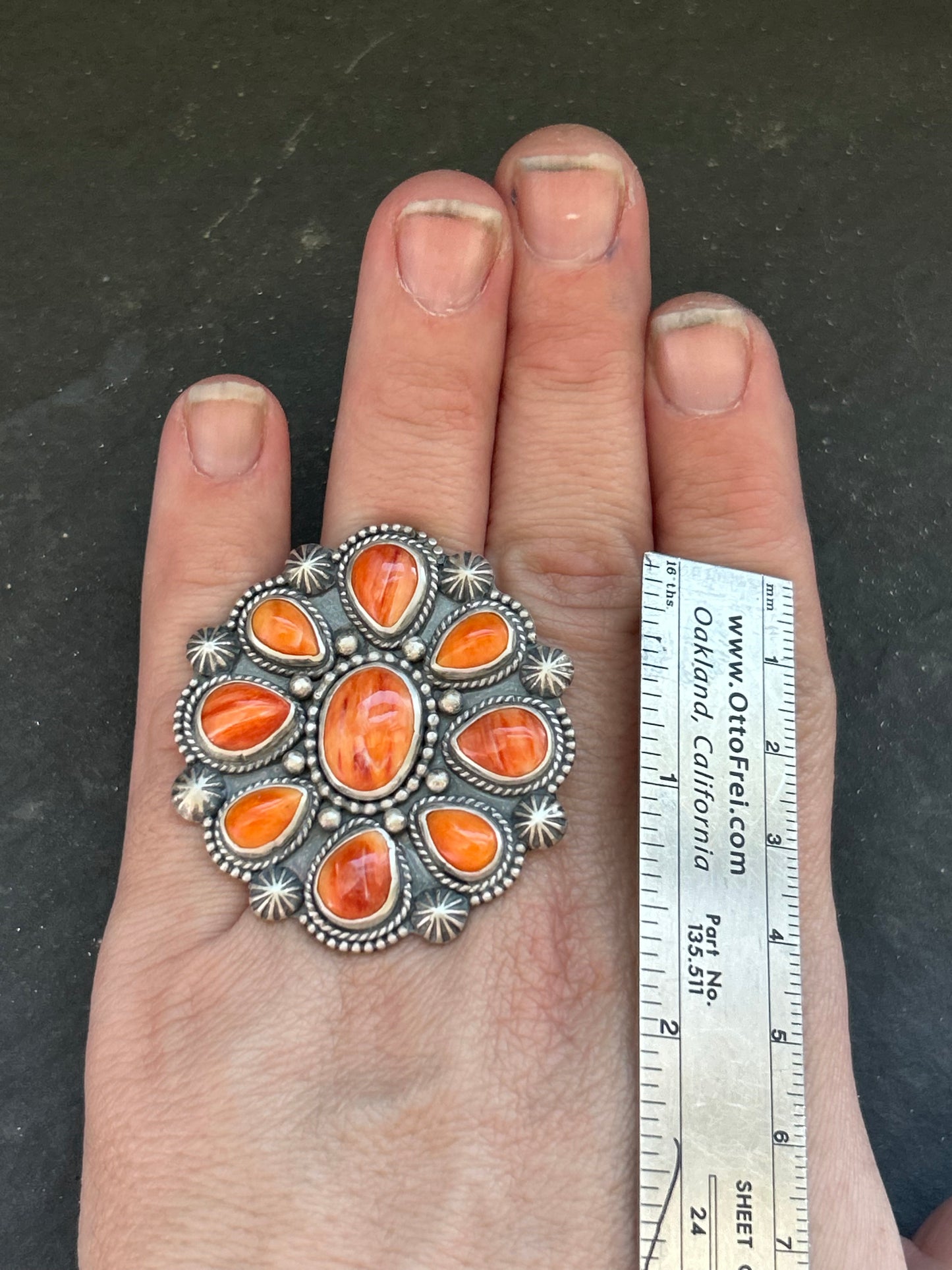 Sterling Silver Orange Spiny Oyster Cluster Ring – Size 9 – Artist Shay Pfeiffer