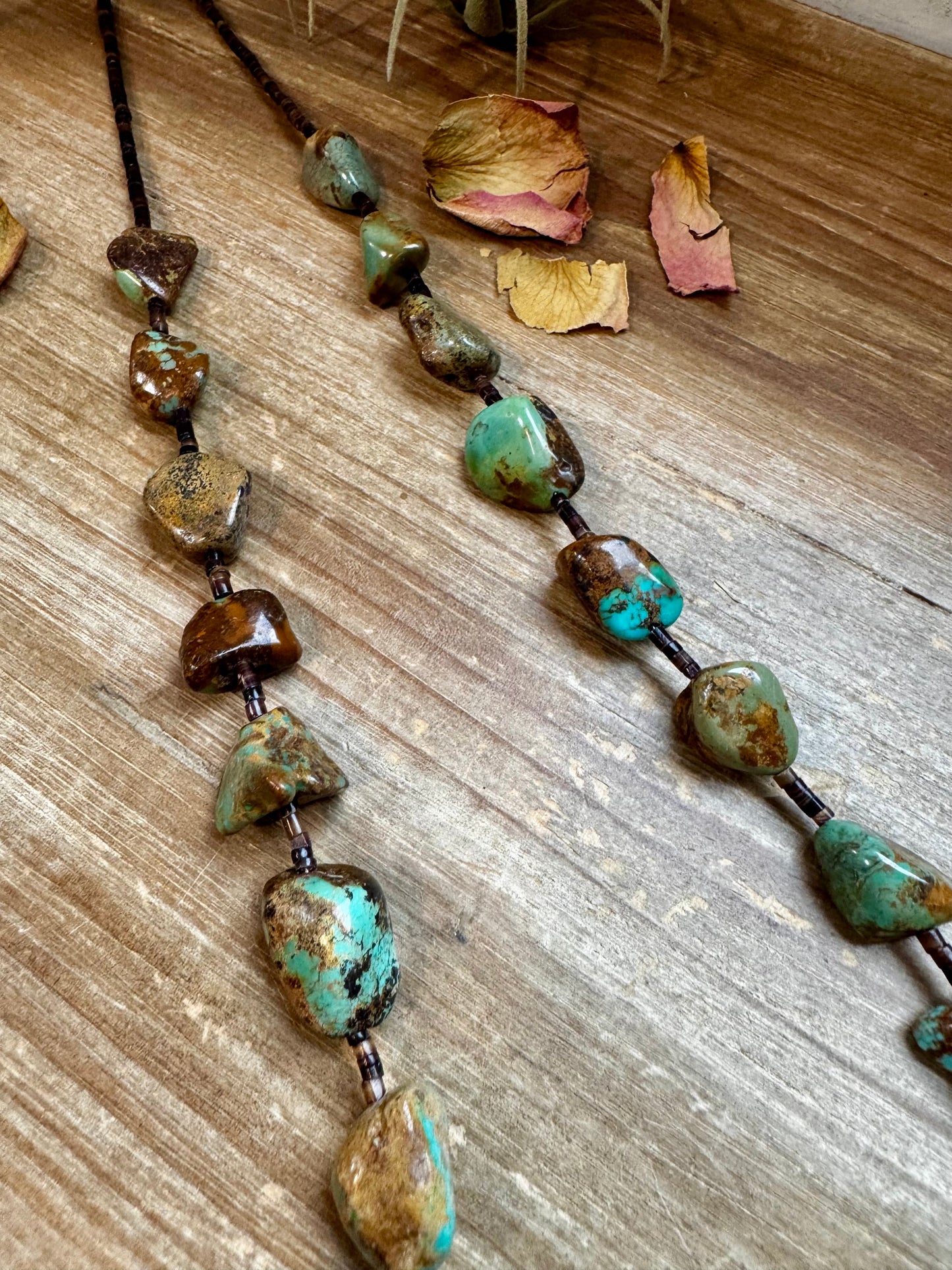 Handmade 34-inch necklace with brown 3mm shell beads and long green-brown turquoise nuggets, finished with non-tarnish hook, made by The Bijoux FAB