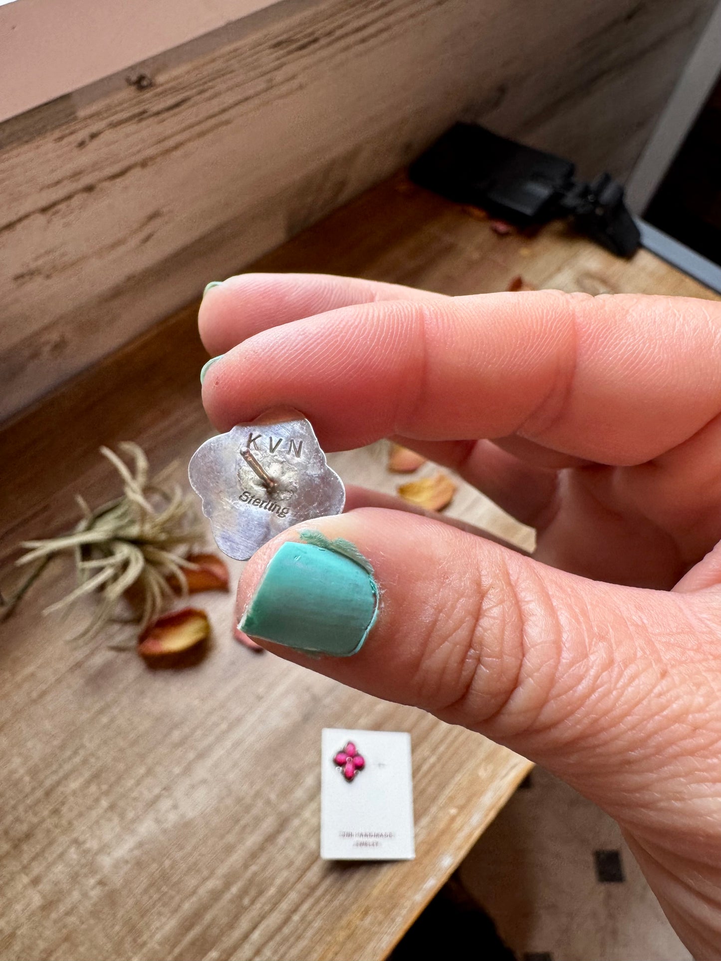 Zuni handmade stud earrings featuring soft pink opal inlay set in sterling silver. Stamped KVN and made in the USA. Each pair is slightly unique. Curated by The Bijoux FAB.