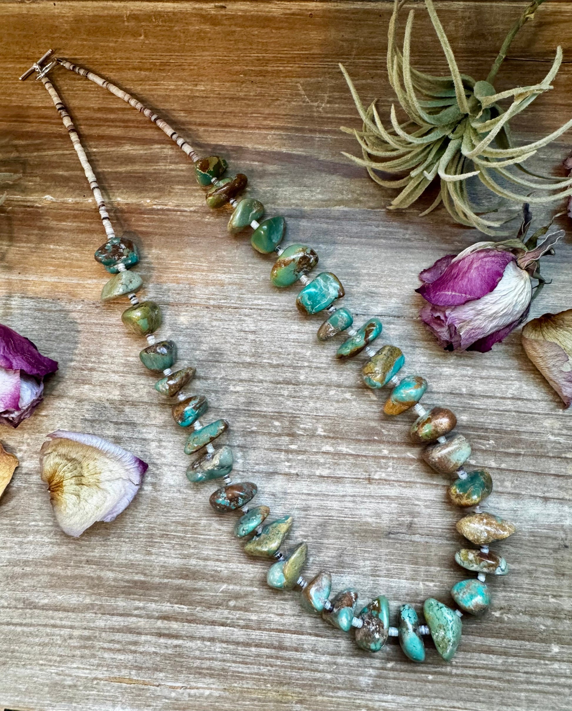 Statement necklace with 3mm shell beads and large freeform green turquoise nuggets, handmade by The Bijoux FAB in the USA