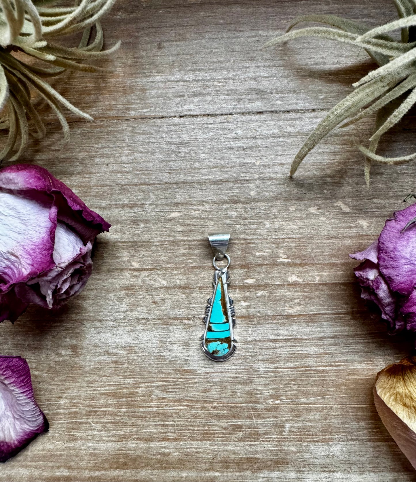 Sterling silver teardrop pendant with Kingman turquoise stone, Option 5 variation, stamped SF, Native made in the USA, fits 5mm pearls