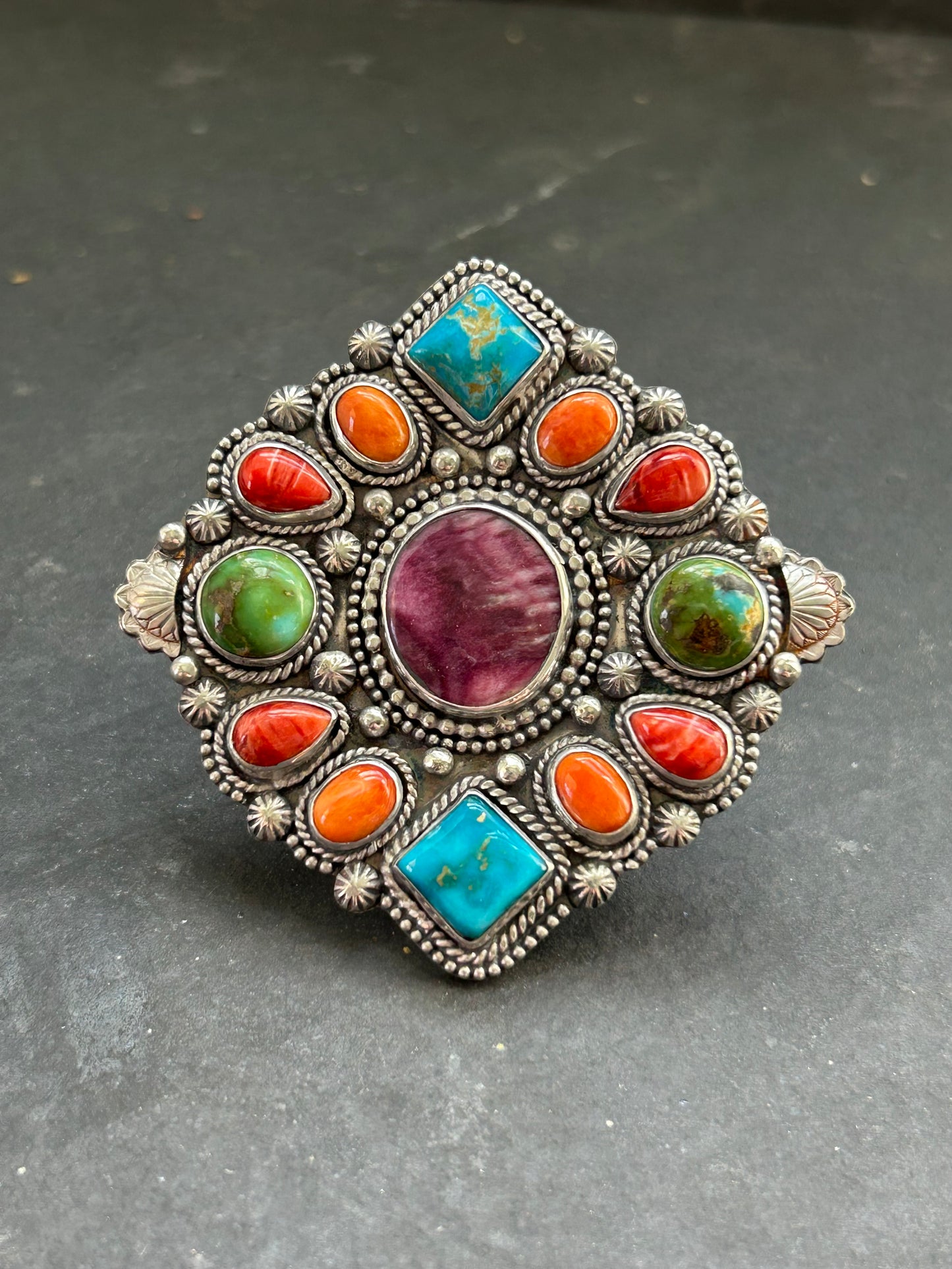 Sterling silver mosaic cluster ring with turquoise and spiny oyster stones, handcrafted by artist Shay Pfeiffer in the USA