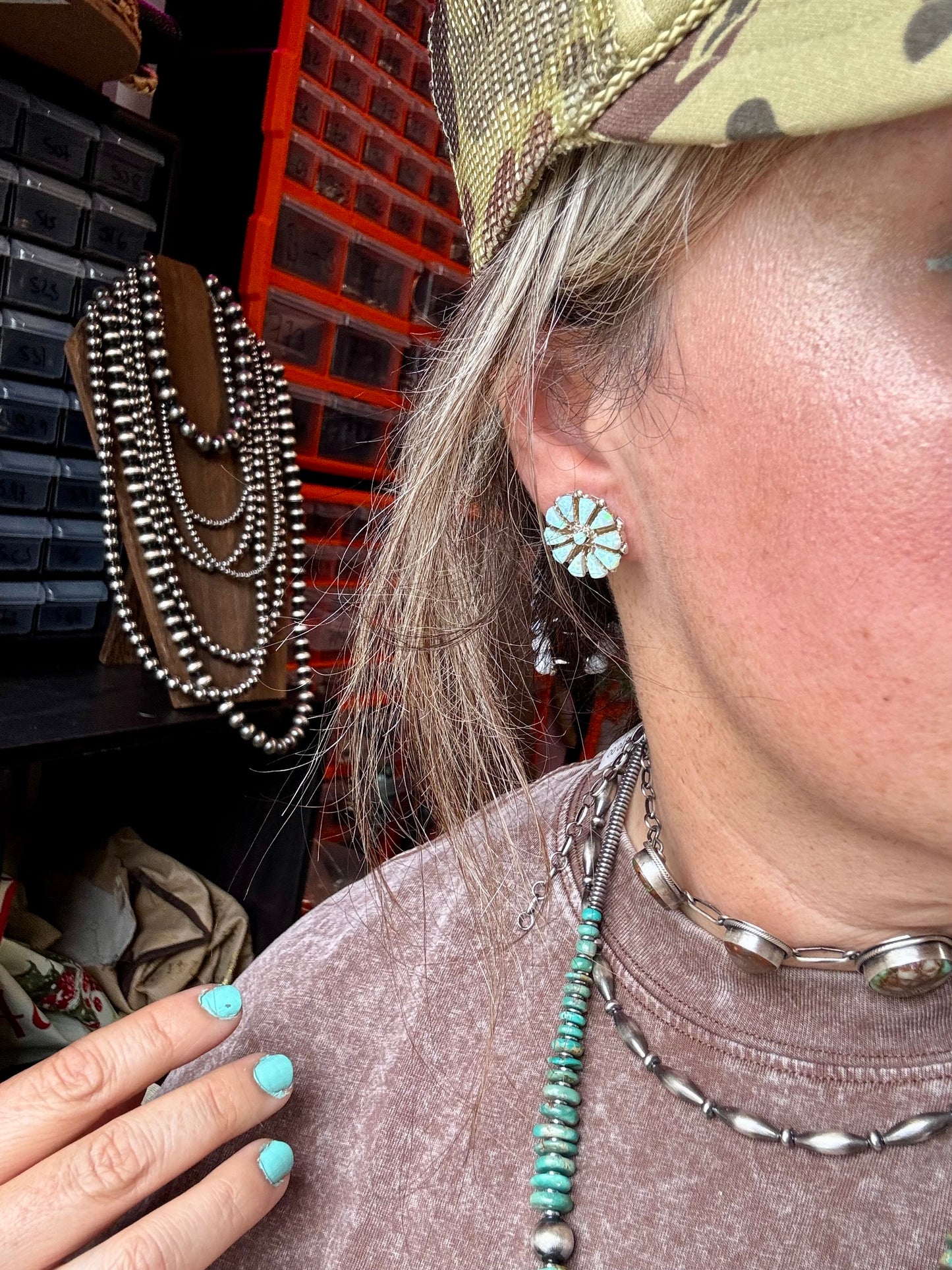 Handcrafted small cluster earrings featuring glowing white opal stones set in solid sterling silver. Stamped SD and made in the USA. Lightweight and one of a kind. Curated by The Bijoux FAB.