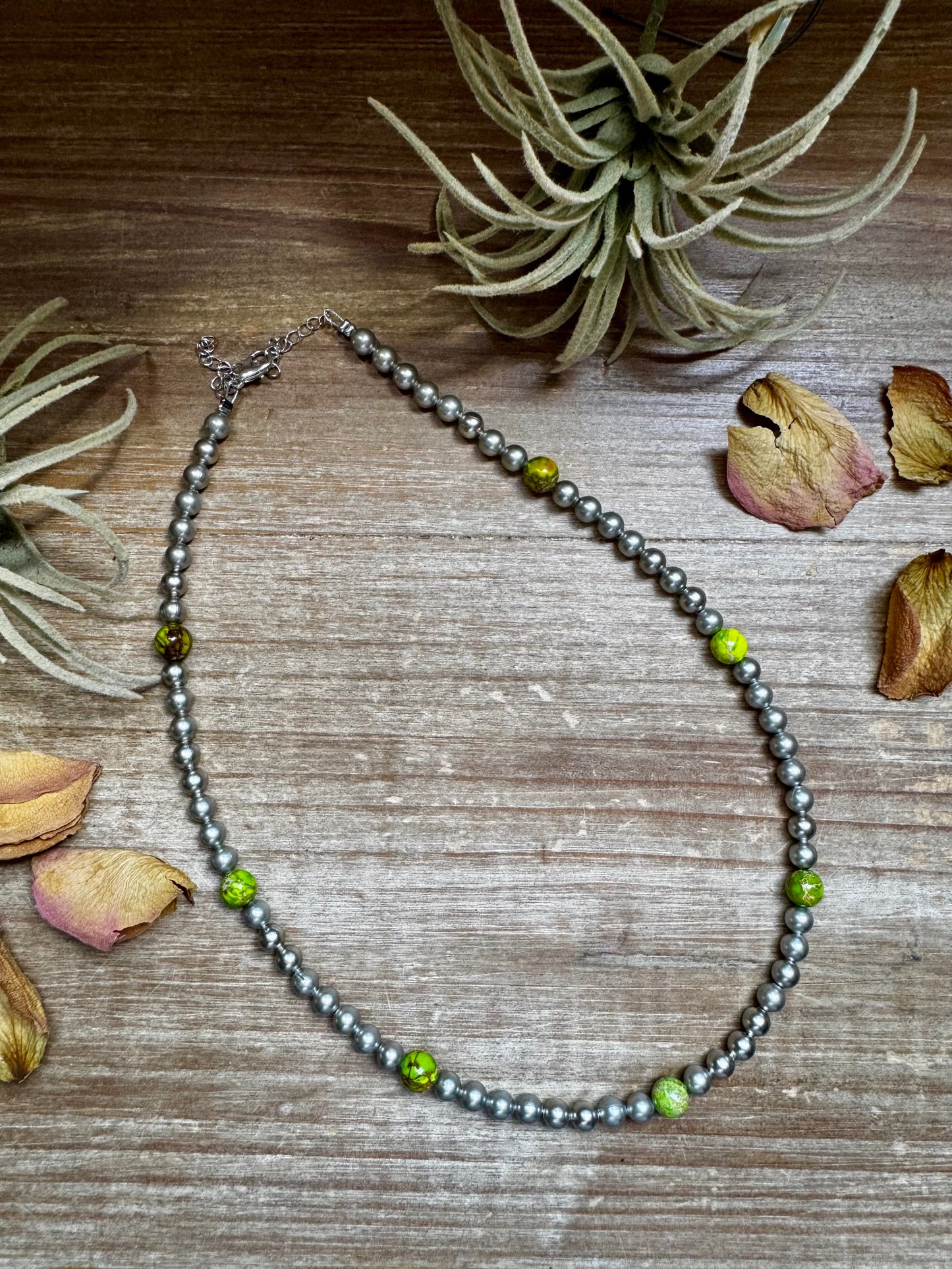 Silver-plated chain necklace with 6mm beads and seven 8mm green variscite gemstones, 18.5 inches long with extender