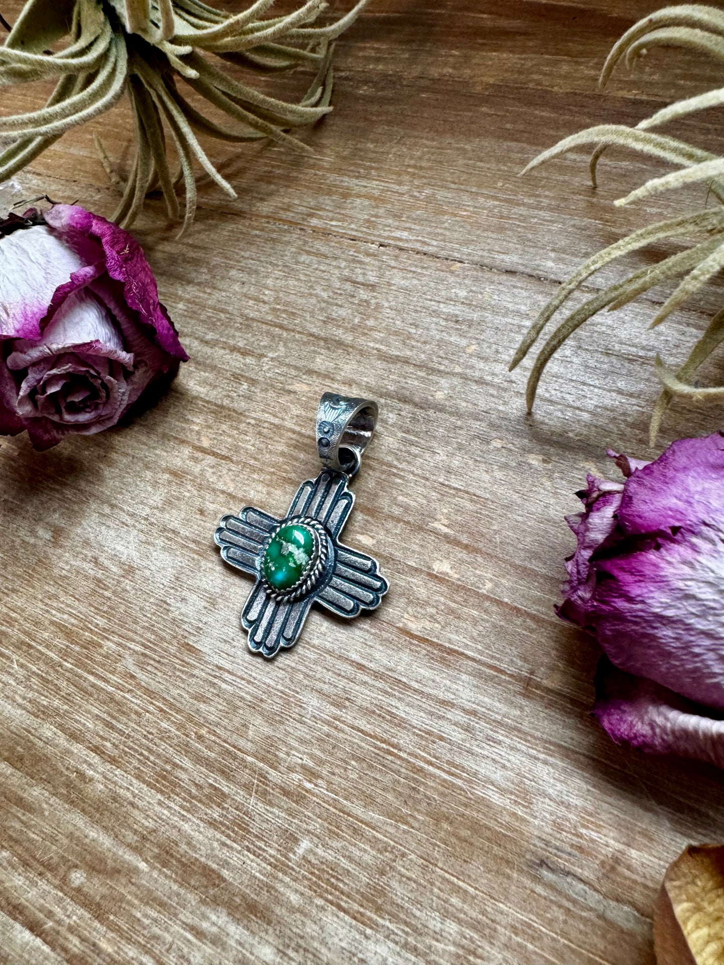 Zia Symbol Pendant with Green Sonoran Gold Turquoise – Sterling Silver – Native Made by K. Billah – Fits 8mm