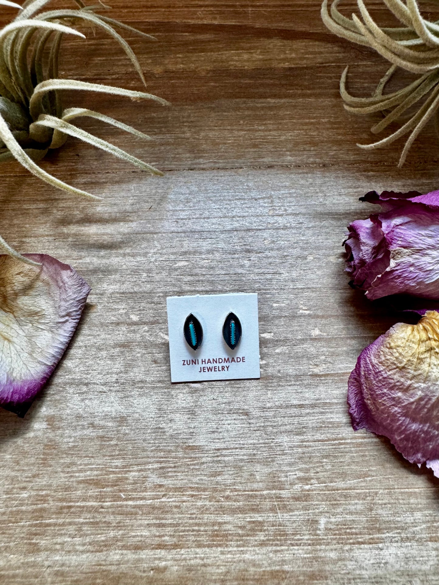 Mini Zuni earrings with Kingman turquoise inlay and sterling silver setting, handmade in the USA