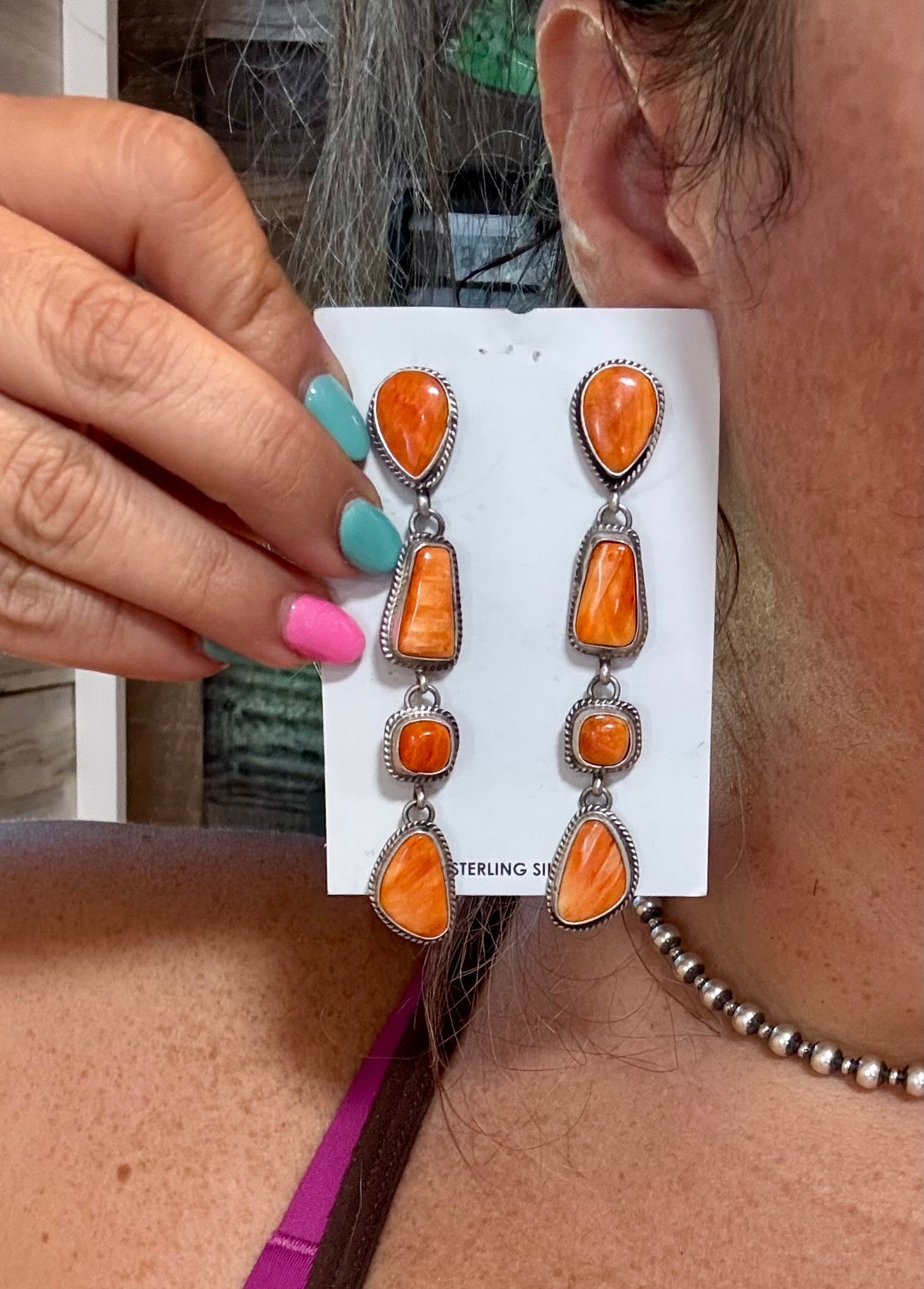 Spiny Oyster Dangle Earrings – Sterling Silver – Native Made by Marcella James
