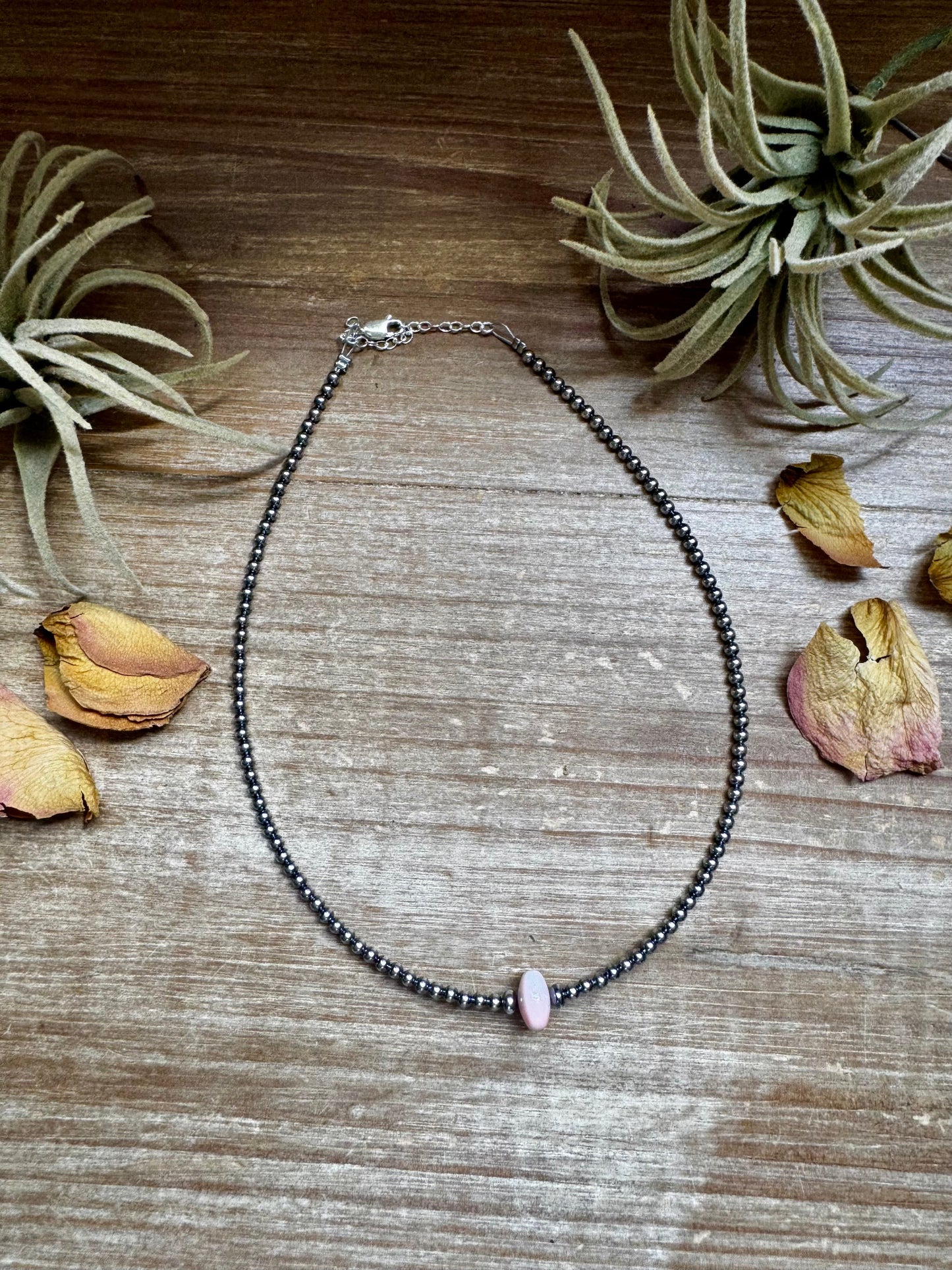 Sterling silver choker with 10mm pink conch center bead and 3mm pearls, 14.5 inches long plus extender