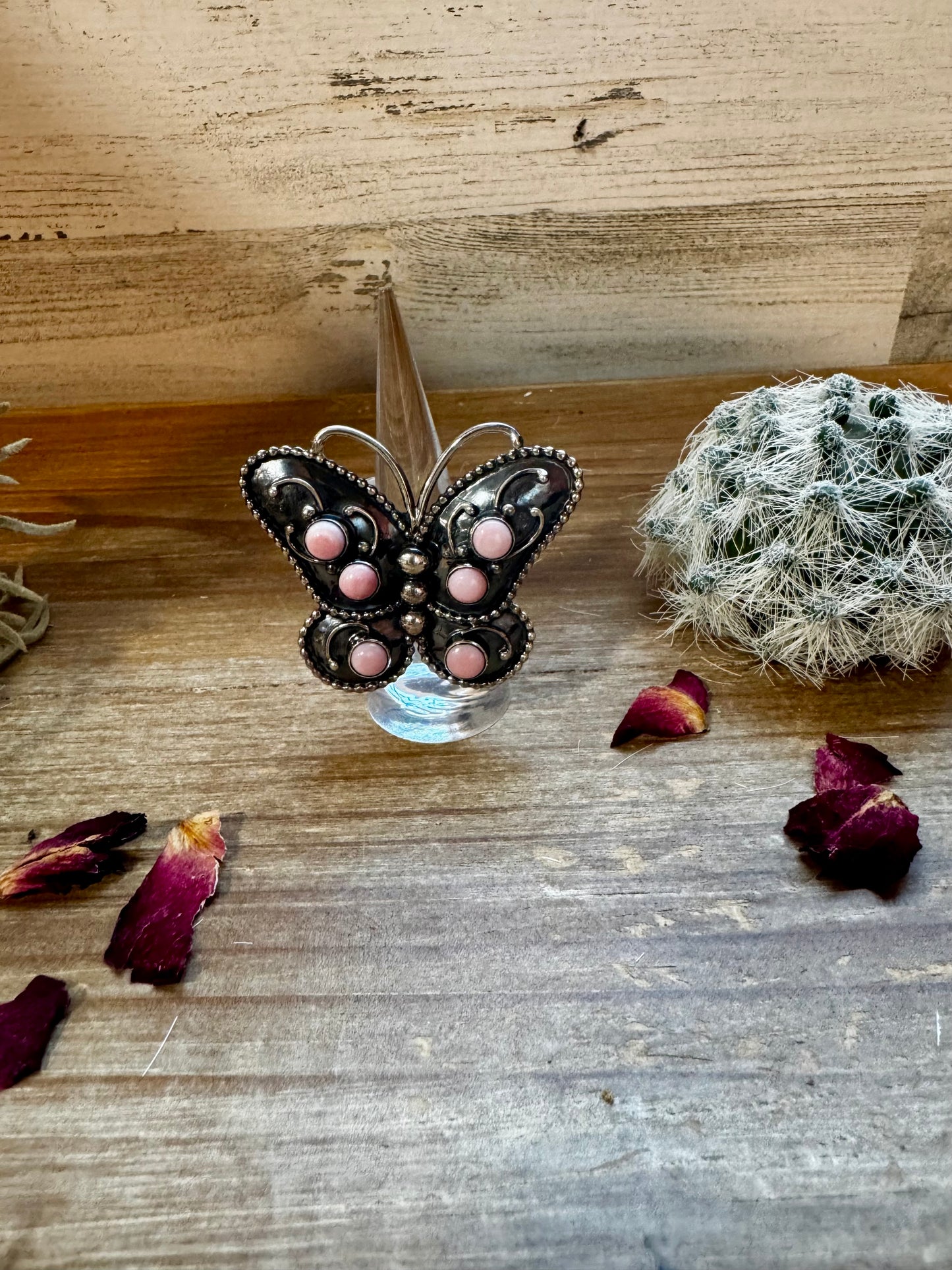 Butterfly ring -size 7.5 - pink conch and sterling silver