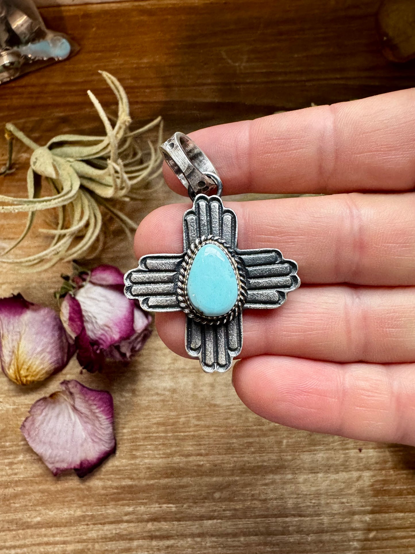 Zia Symbol Pendant with Golden Hill Turquoise – Sterling Silver – Native Made by K. Billah – Fits 8mm