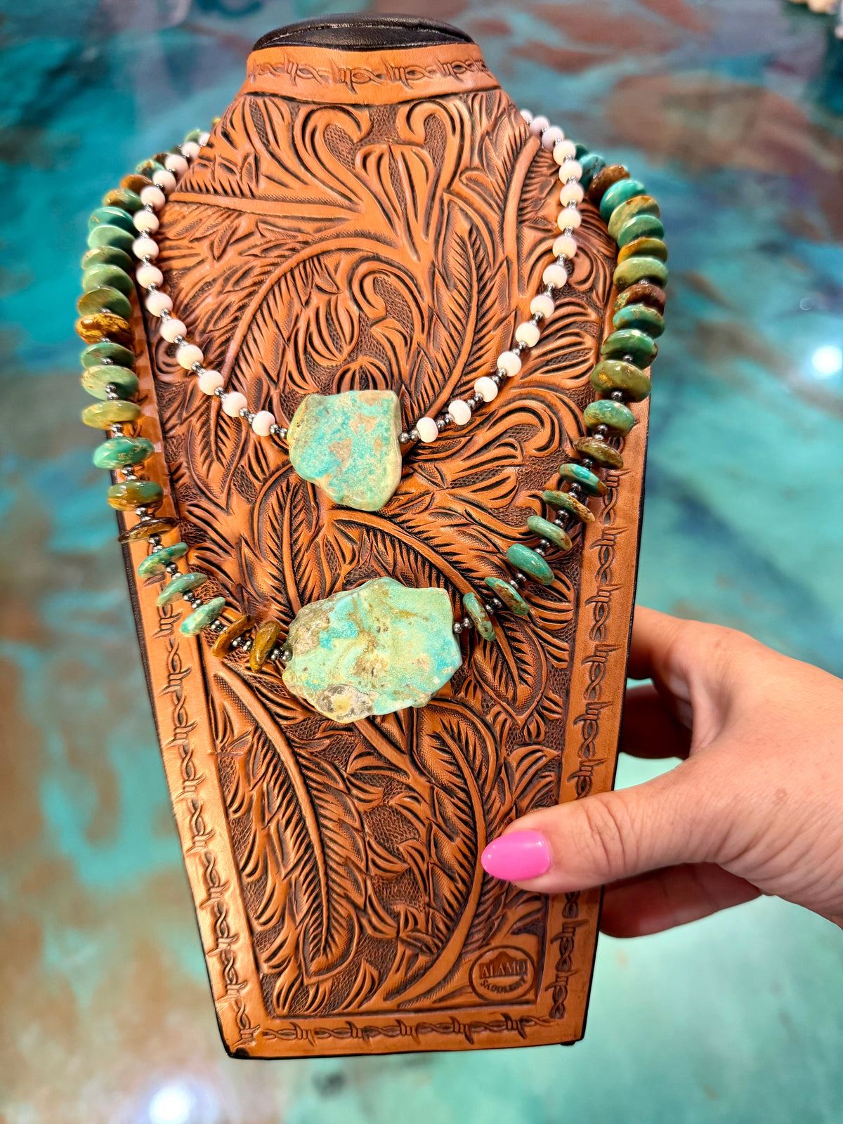 Jaci Stack – Pink Conch & Green Turquoise Necklaces