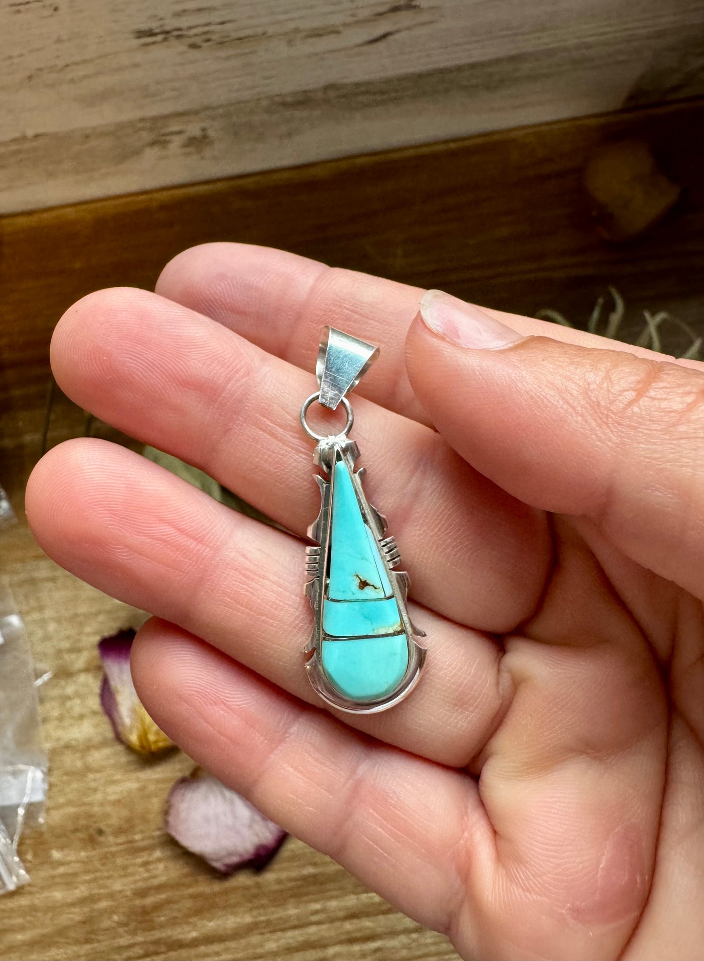 Teardrop Pendant with Kingman Turquoise – Option 2 – Sterling Silver – Native Made by SF – Fits 5mm