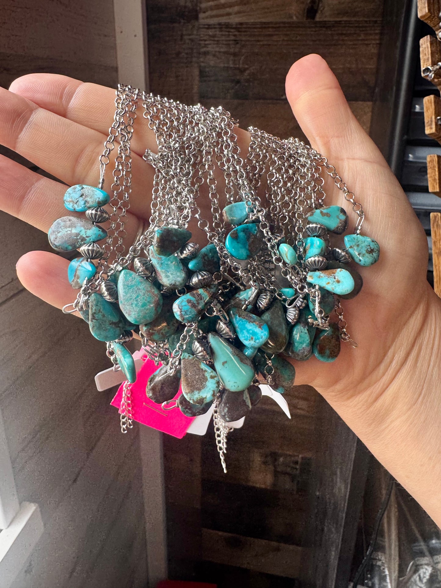 16-inch handmade necklace with bright blue turquoise and sterling silver pearls, made in Texas