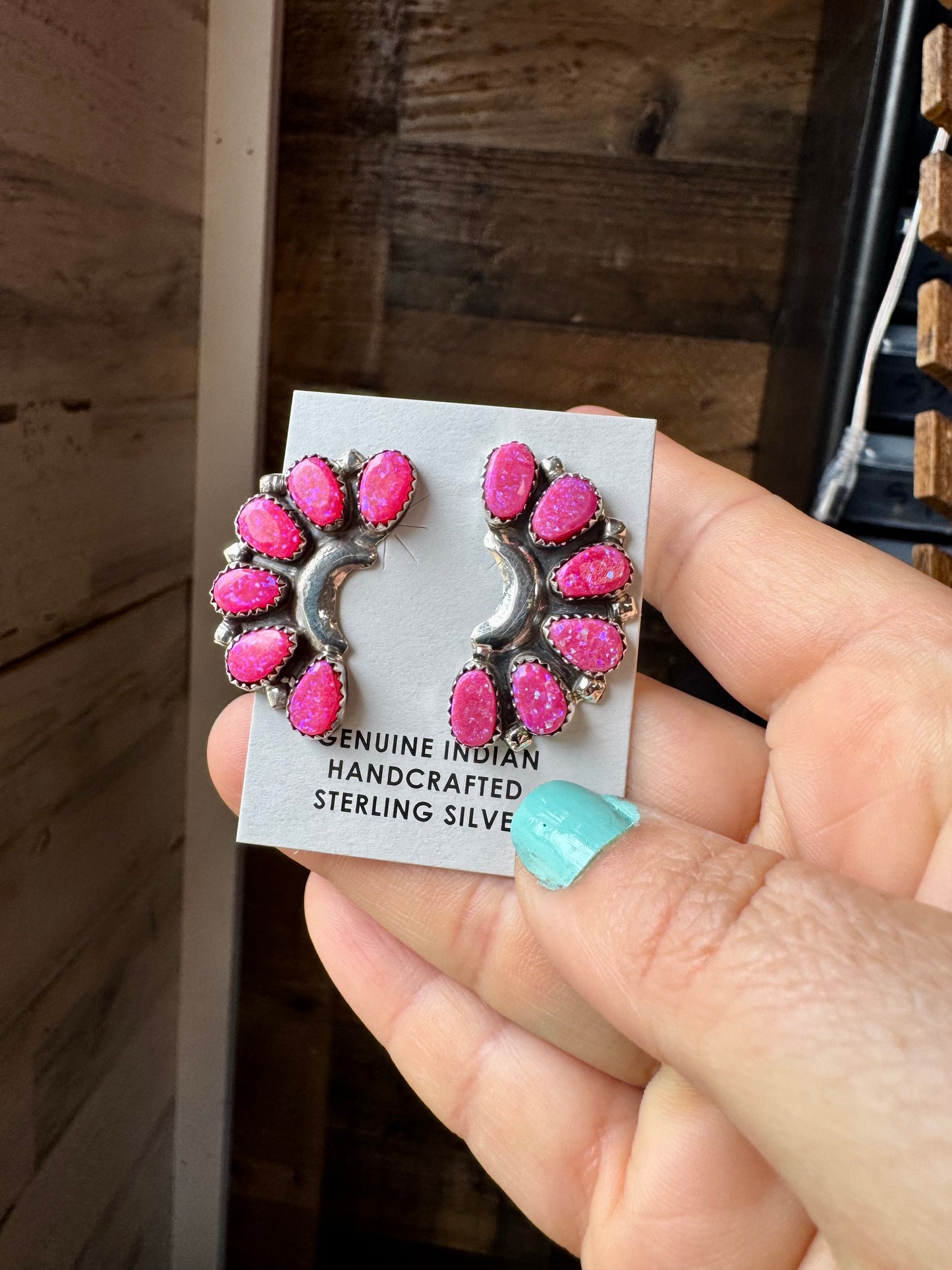 Handcrafted half cluster earrings featuring vibrant bright pink opal stones set in solid sterling silver. Stamped DLW and made in the USA. Each pair is naturally unique. Curated by The Bijoux FAB.