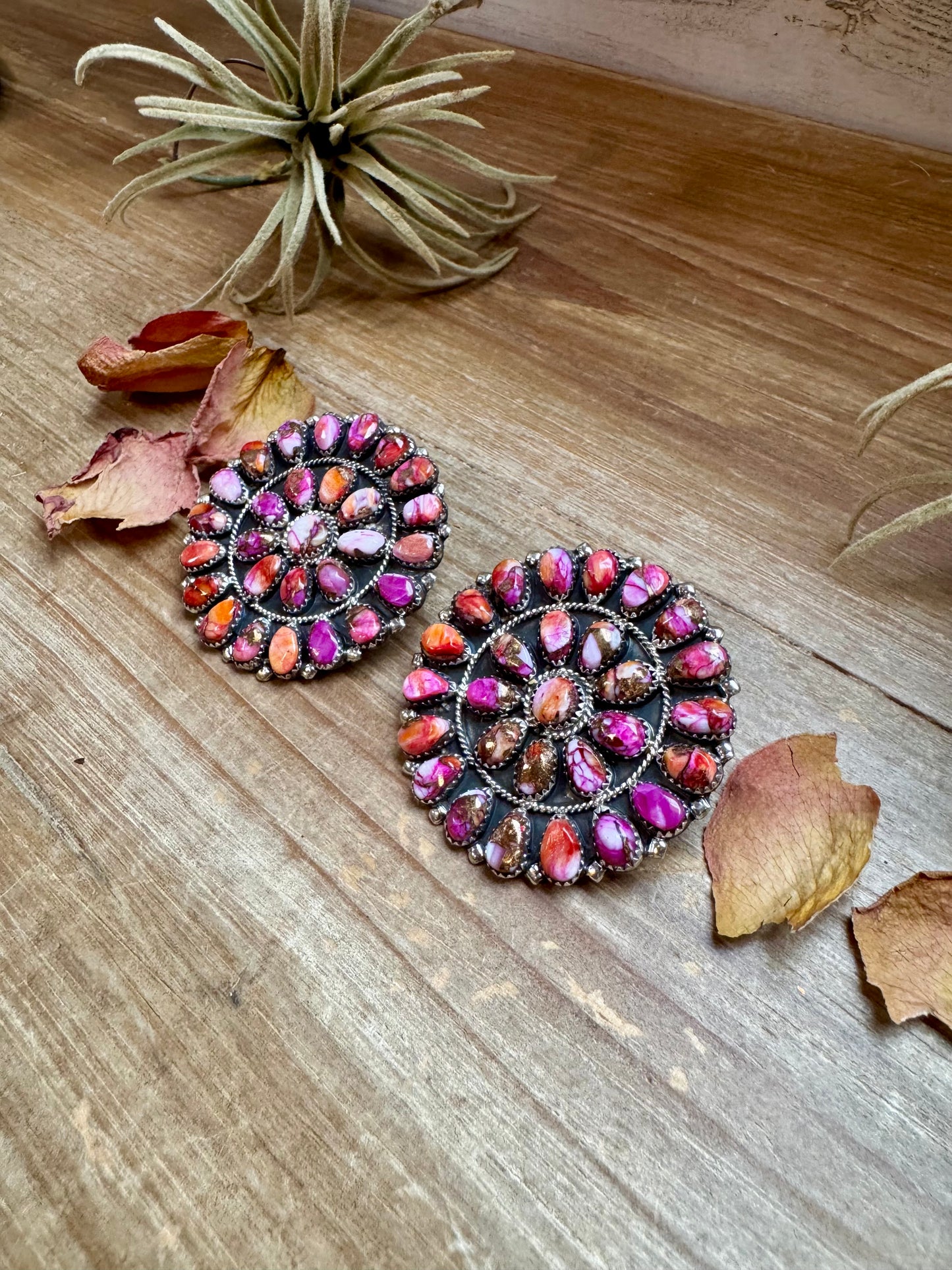 Oversized handcrafted cluster earrings featuring vibrant Pink Dahlia stones set in solid sterling silver. Stamped DLW. Made in the USA. One of a kind. Curated by The Bijoux FAB.