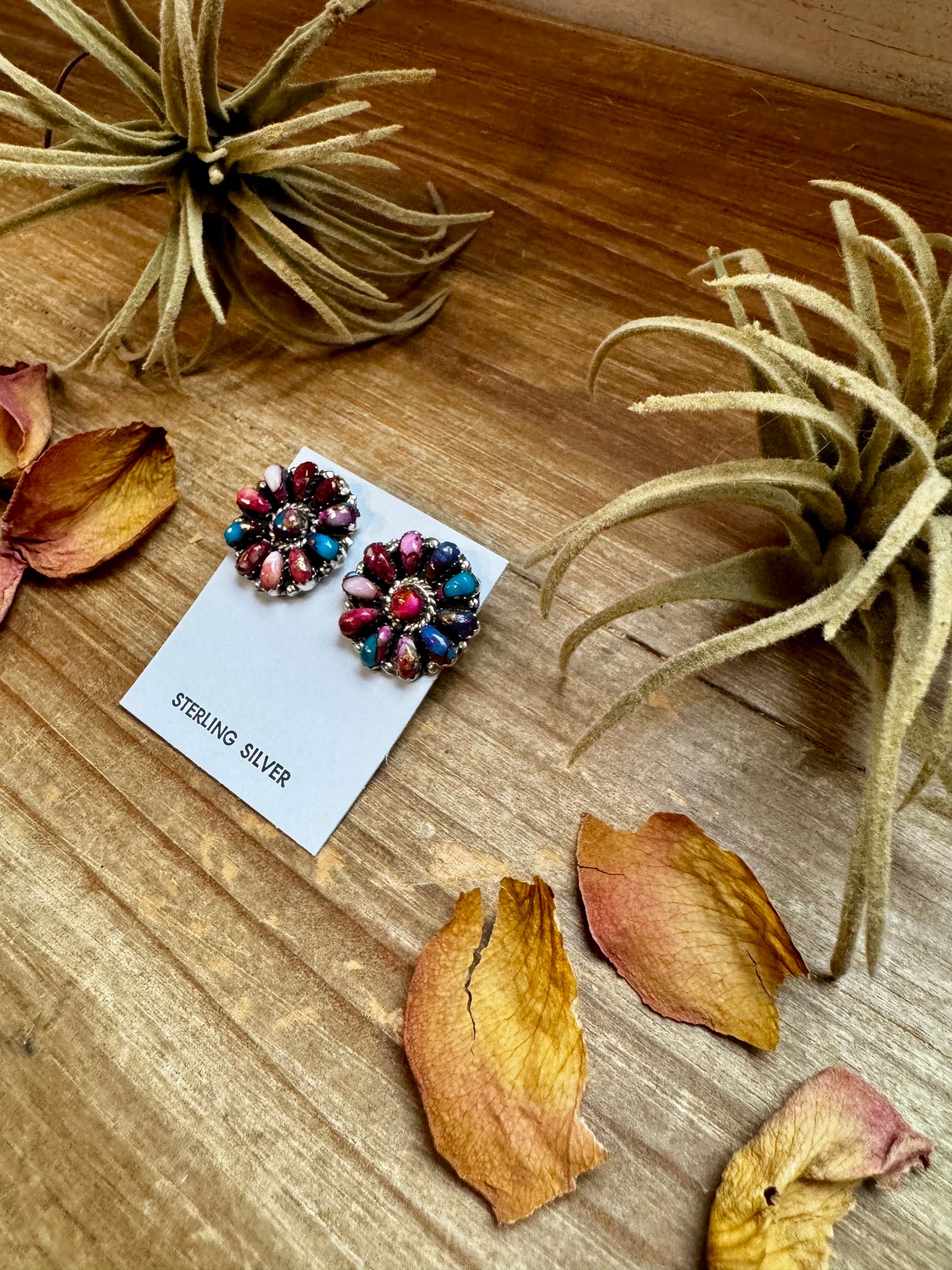 Handcrafted full cluster earrings featuring vibrant Pink Dahlia stones set in solid sterling silver. Stamped JW and made in the USA. Lightweight and unique. Curated by The Bijoux FAB.