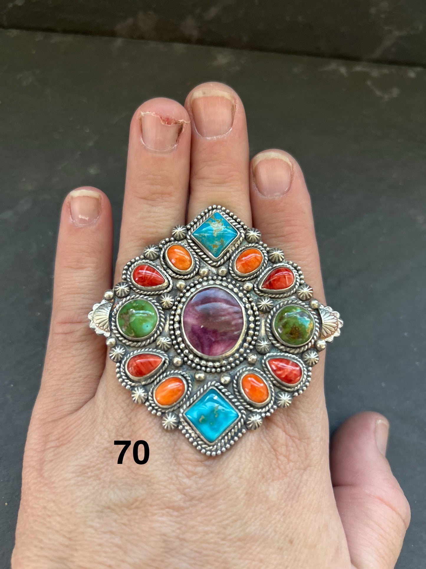 Mosaic Cluster Ring – Sterling Silver – Sonoran Mountain, Blue Ridge Turquoise & Spiny Oyster – Size 9 – Artist Shay Pfeiffer
