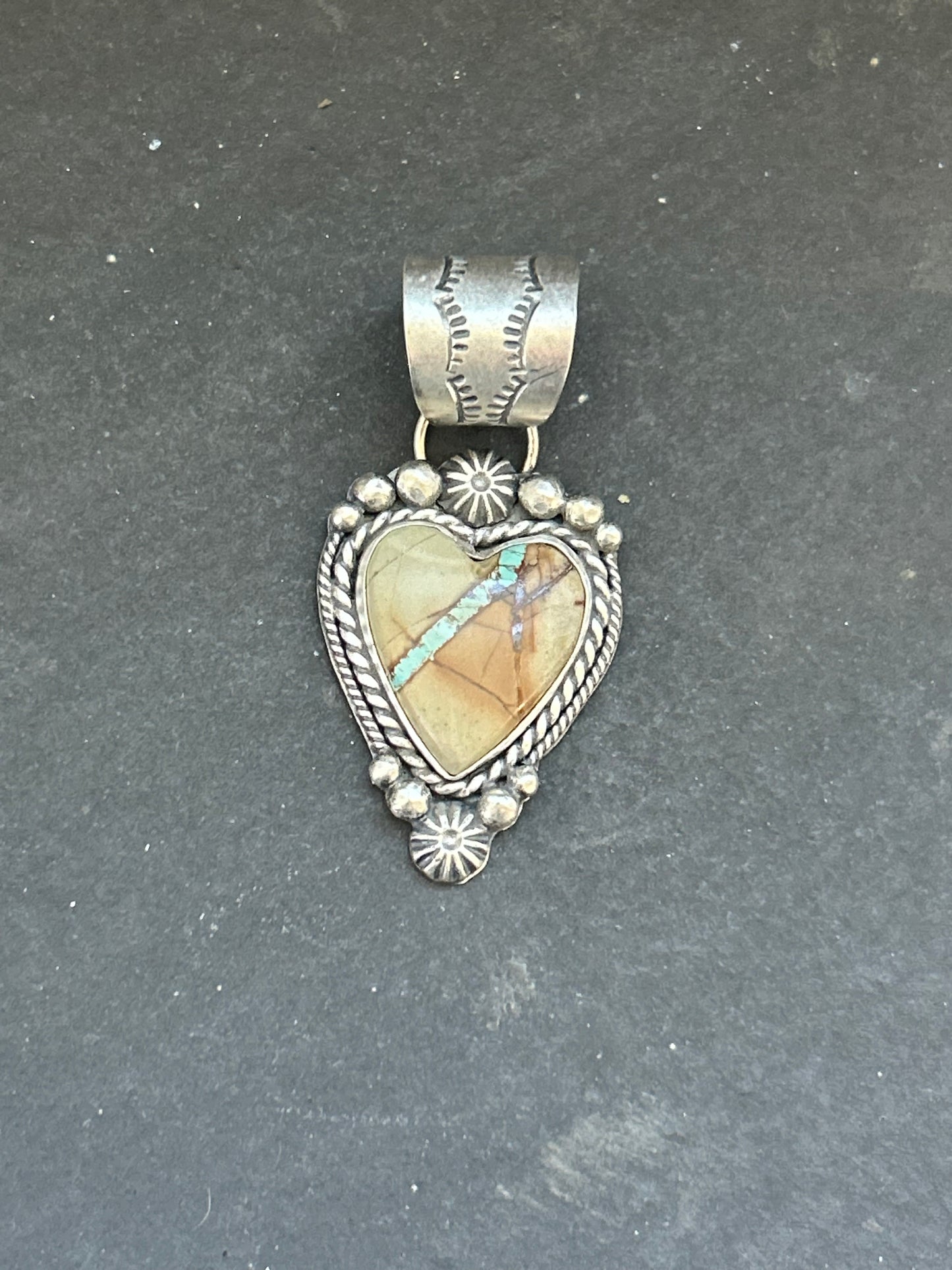 Sterling Silver Ribbon Royston Turquoise Heart Pendant – Fits Up to 10mm Beads – Artist Shay Pfeiffer