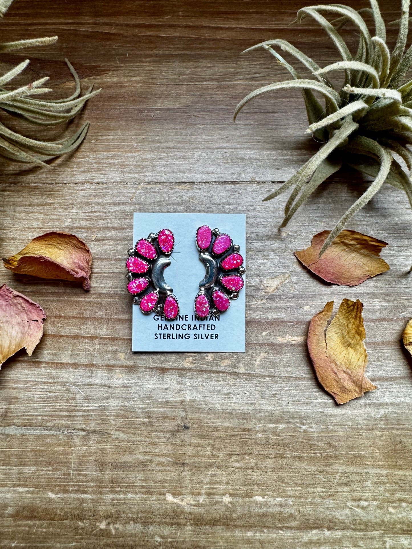 Handcrafted half cluster earrings featuring vibrant bright pink opal stones set in solid sterling silver. Stamped DLW and made in the USA. Each pair is naturally unique. Curated by The Bijoux FAB.