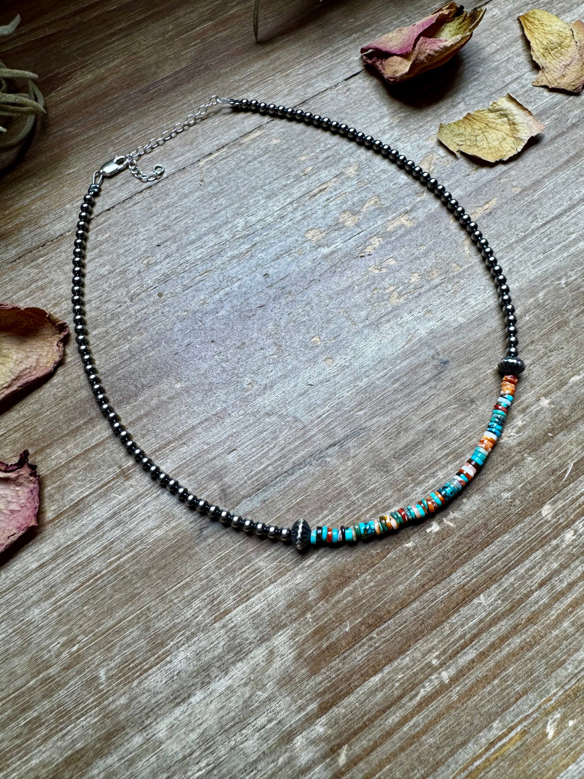 Handmade sterling silver pearl choker with turquoise-dominant heishi beads and spiny oyster accents, 14 inches + extender, made by The Bijoux FAB