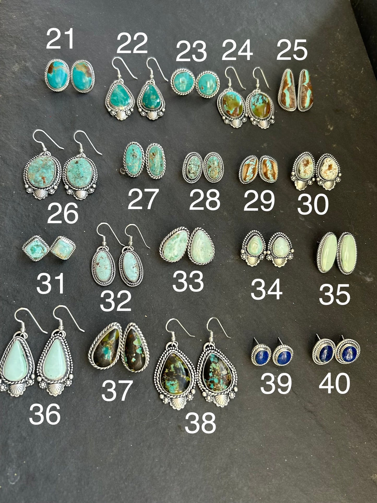 Sterling silver stud earrings with Dry Creek turquoise by artist Shay Pfeiffer