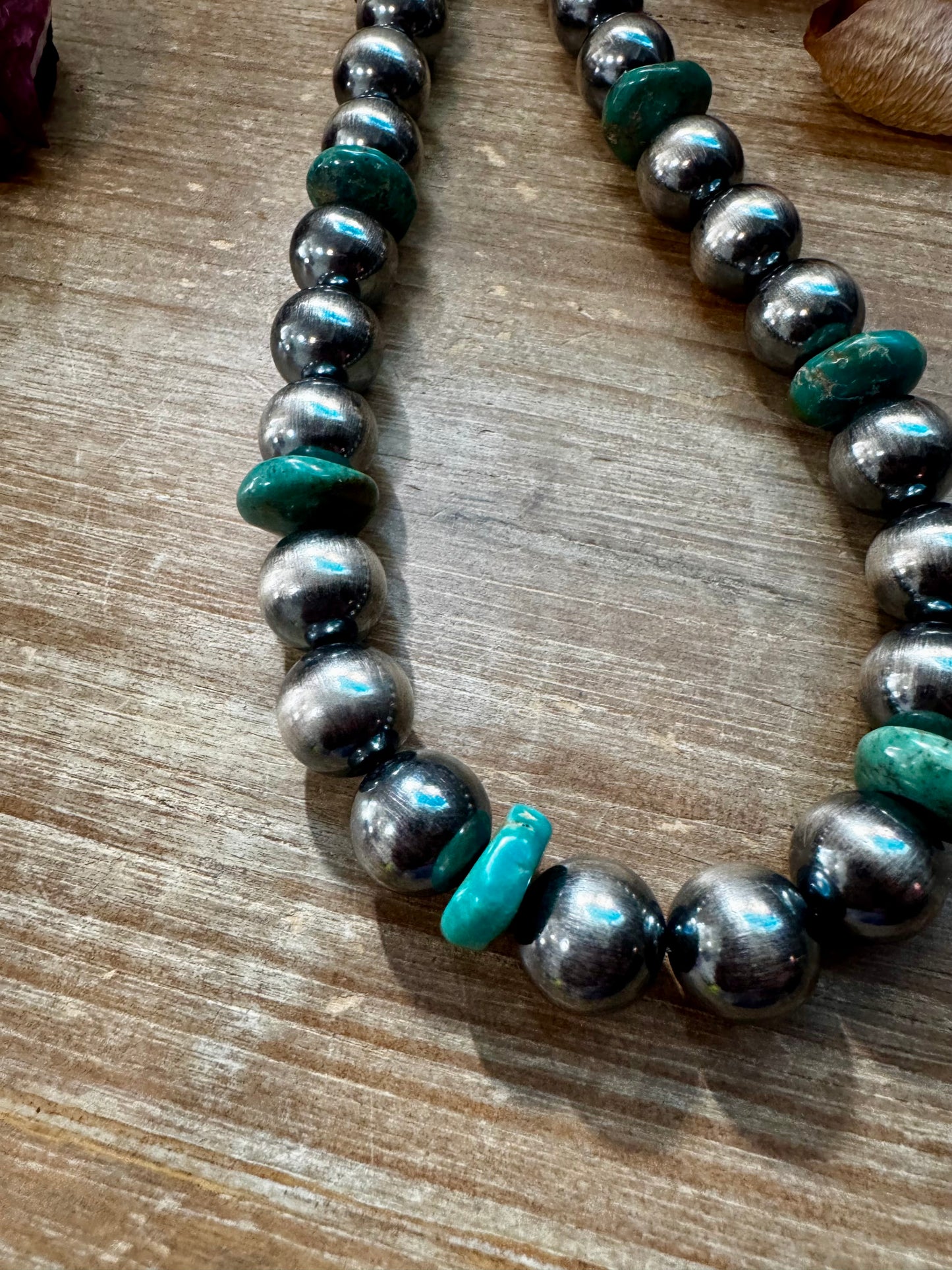 NFR Collection Necklace – 14mm Sterling Silver Pearls with 16mm Green Turquoise Rondelles – 28.5"