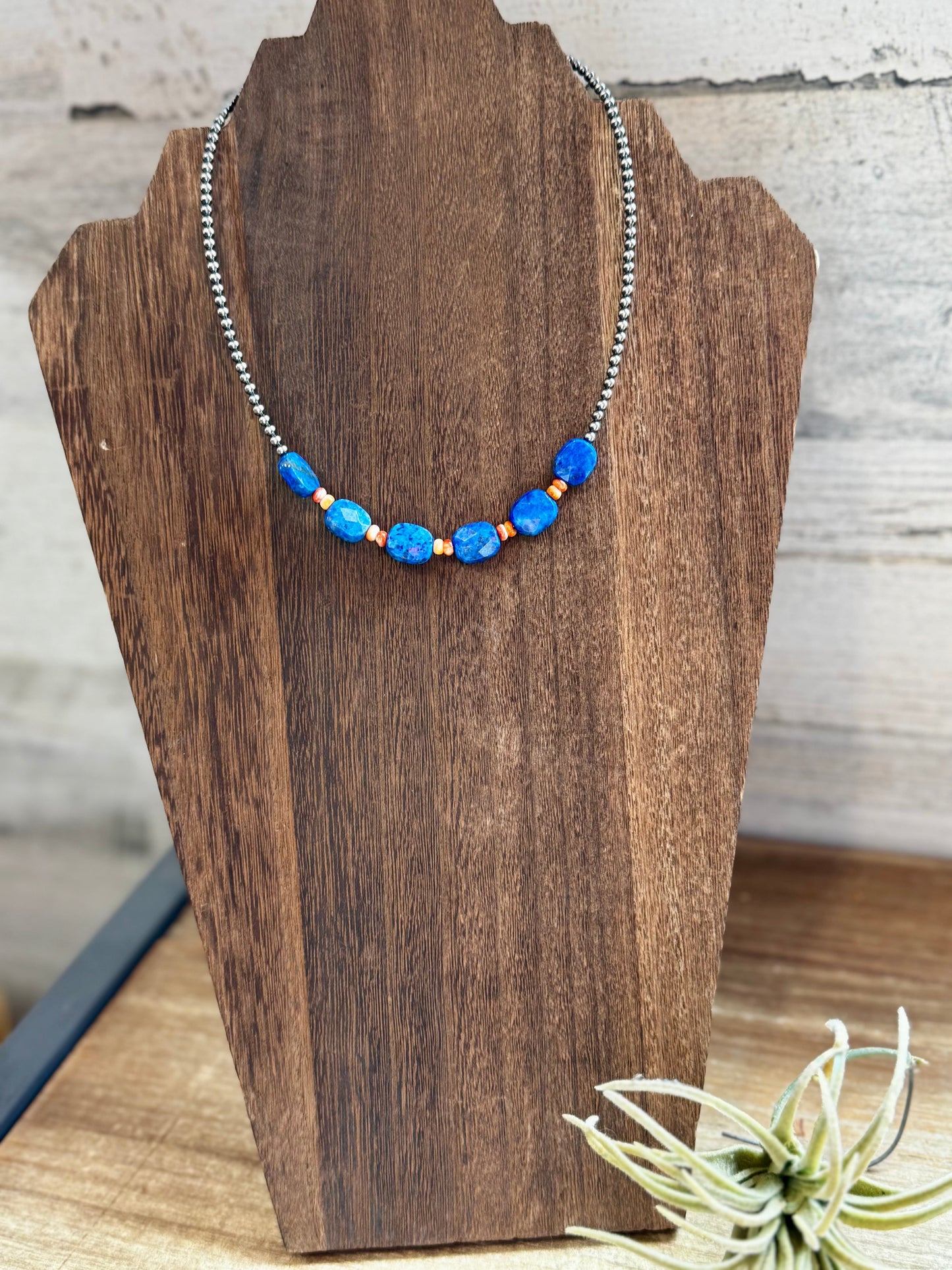 Handmade choker with sterling silver pearls, orange spiny oyster, and faceted rectangular lapis beads, perfect for summer