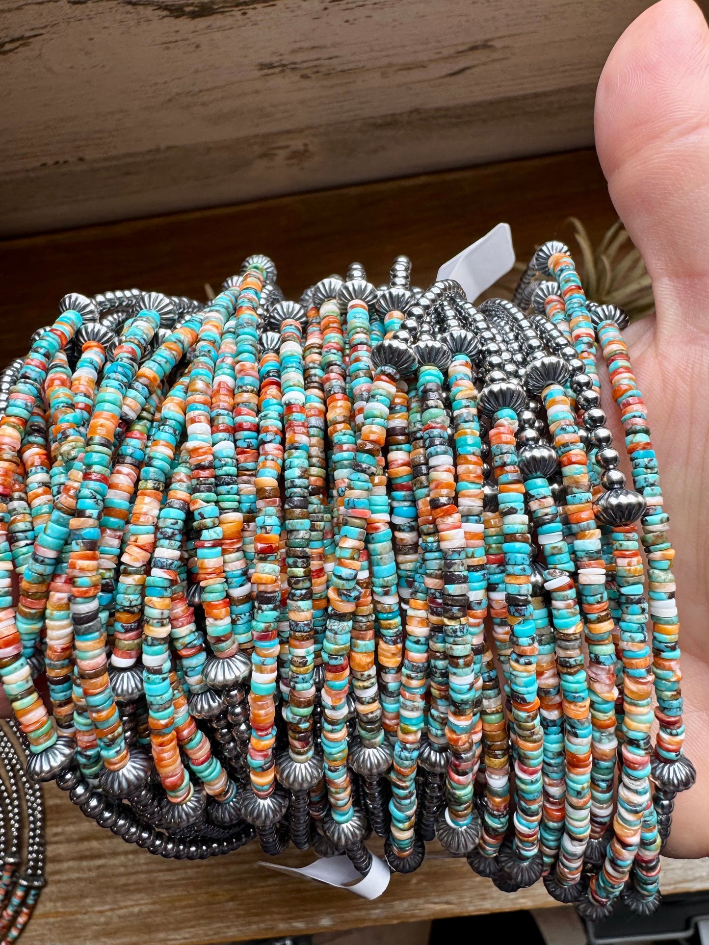 Handmade sterling silver pearl choker with turquoise-dominant heishi beads and spiny oyster accents, 14 inches + extender, made by The Bijoux FAB