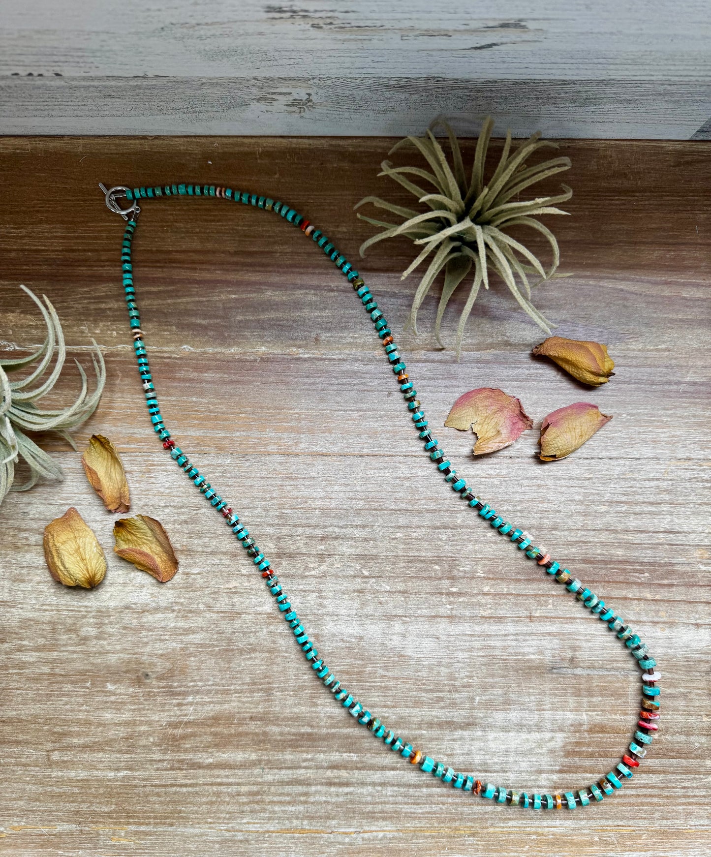 33-inch turquoise and spiny oyster necklace with natural brown shell spacers, made in the USA by The Bijoux FAB