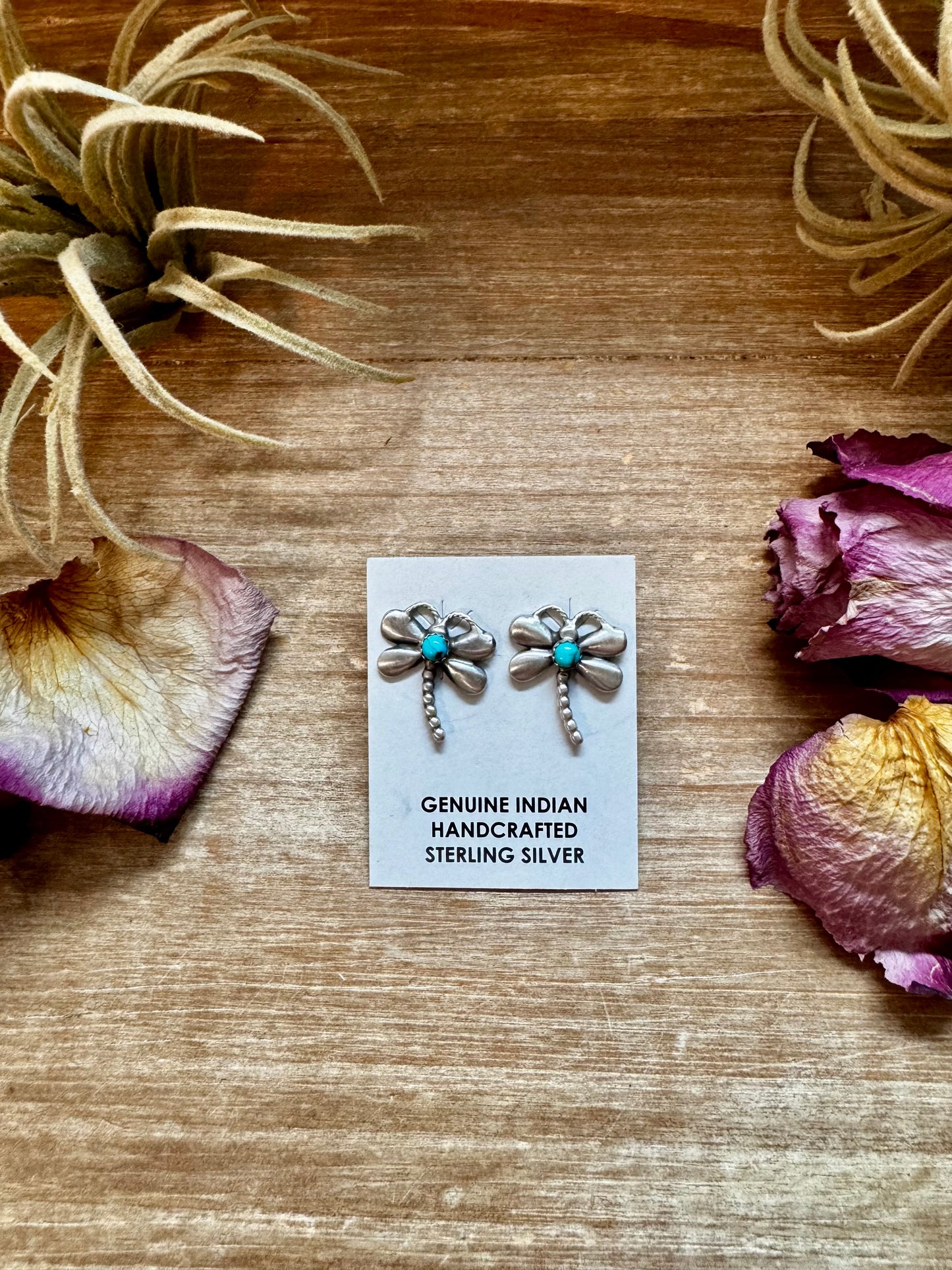 Sterling silver dragonfly earrings with Kingman turquoise center, Native made in the USA