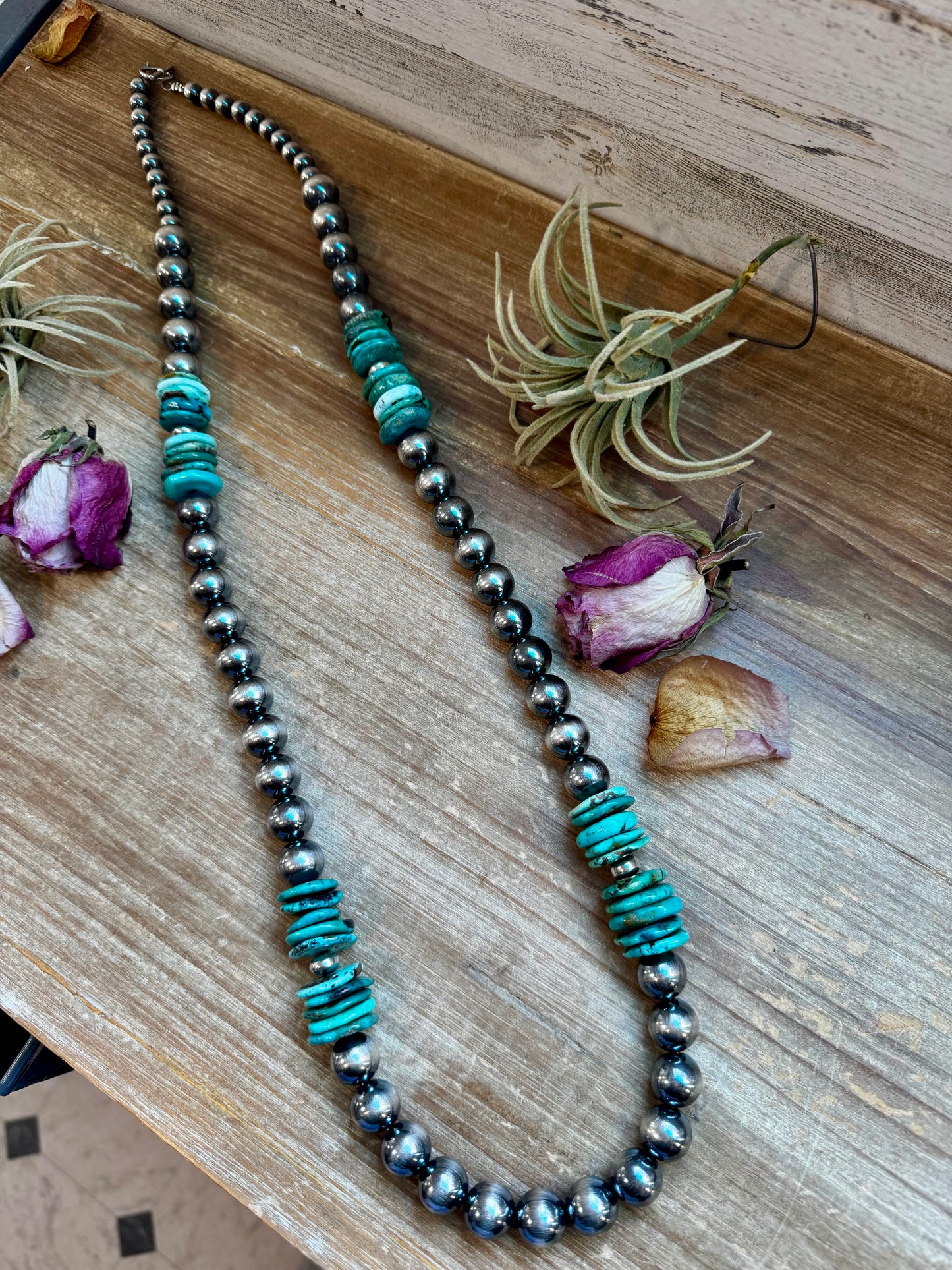 37-inch sterling silver pearl necklace with turquoise beads in blue and green shades, handmade by The Bijoux FAB in the USA, NFR Collection