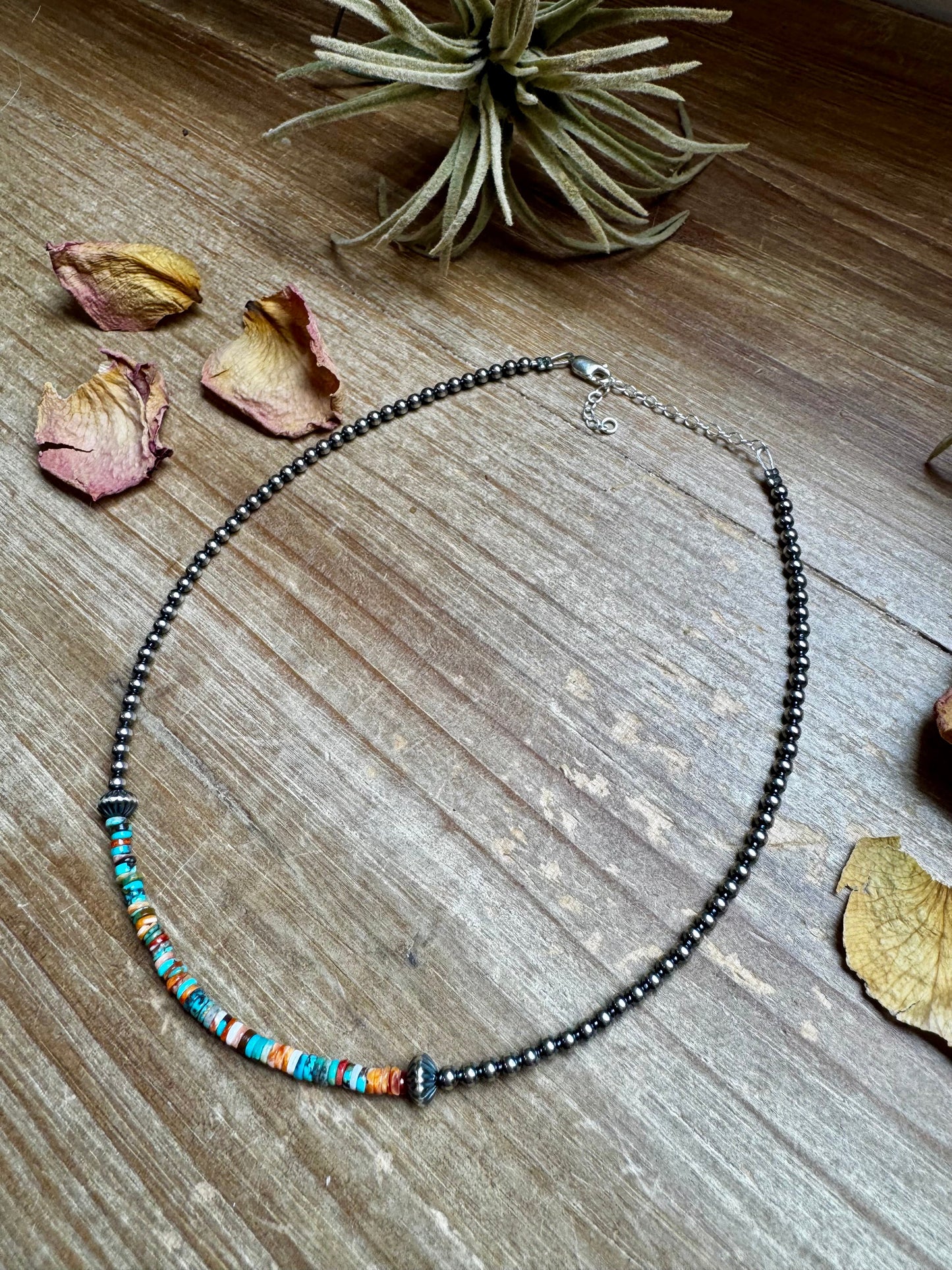 Handmade sterling silver pearl choker with turquoise-dominant heishi beads and spiny oyster accents, 14 inches + extender, made by The Bijoux FAB