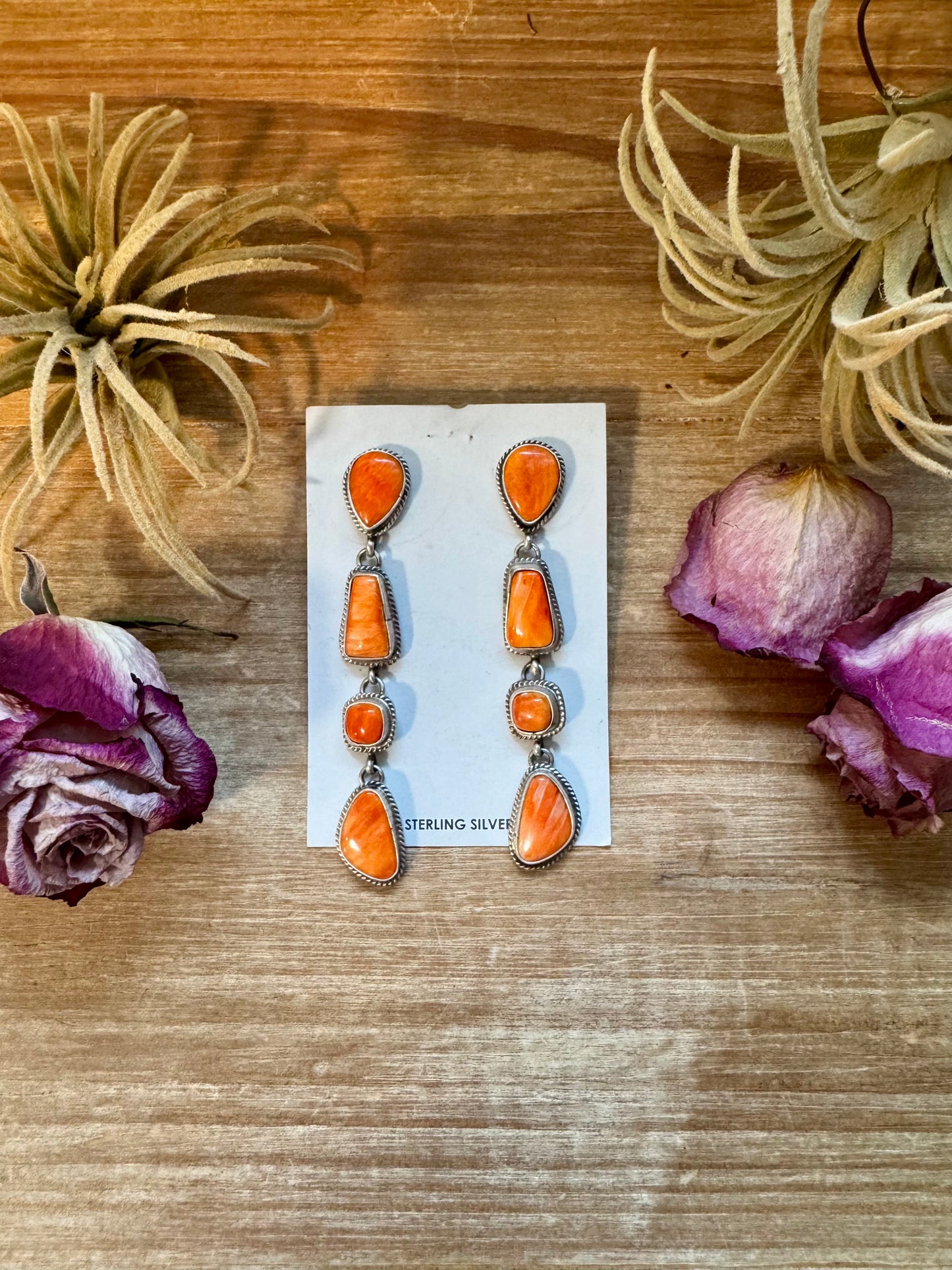 Spiny Oyster Dangle Earrings – Sterling Silver – Native Made by Marcella James