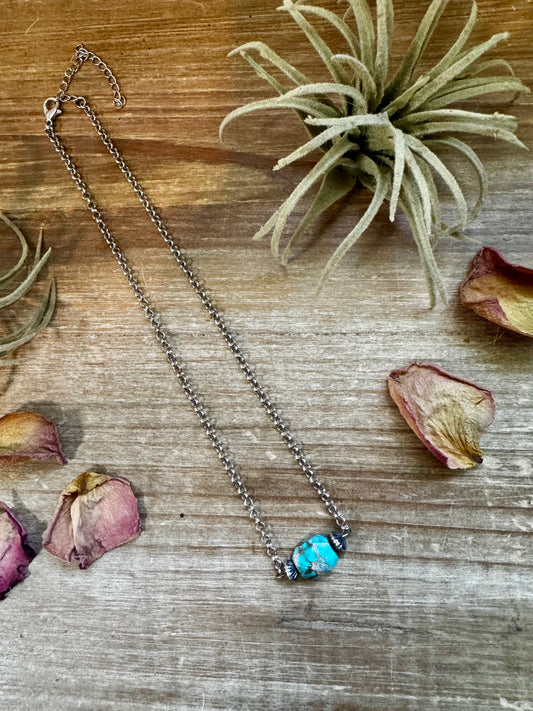 Turquoise Variscite necklace with sterling silver saucer pearls on a 16-inch silver-plated box chain. Handmade in the USA by The Bijoux FAB, featuring a unique hand-selected stone.