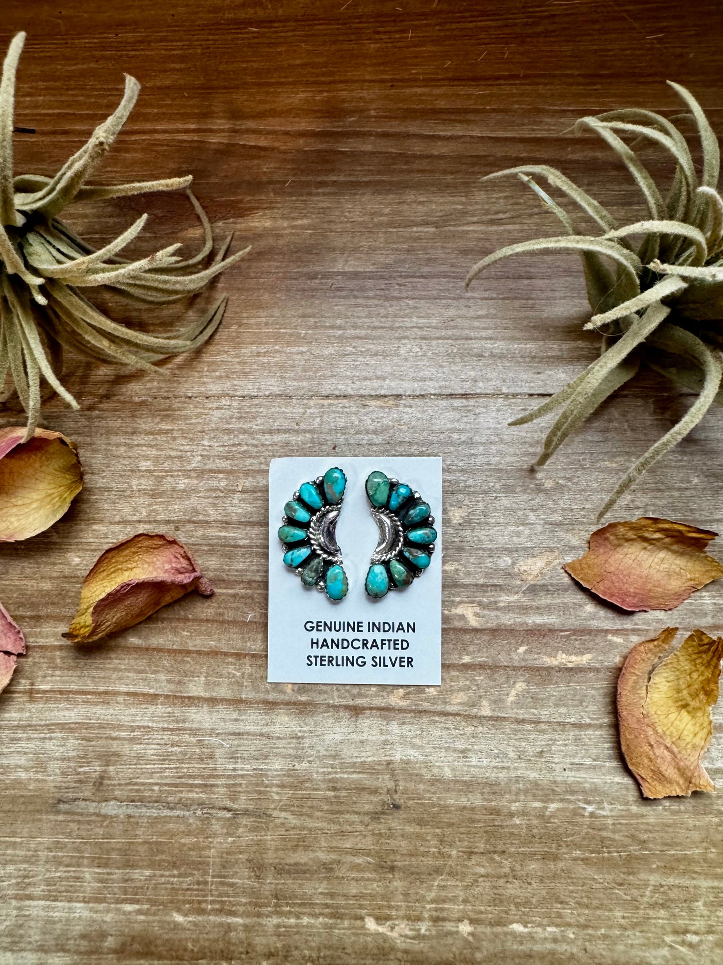 Handcrafted turquoise half cluster earrings made with genuine turquoise stones and solid sterling silver. Stamped LW. Each pair has unique color and pattern variations. Made in the USA and curated by The Bijoux FAB.
