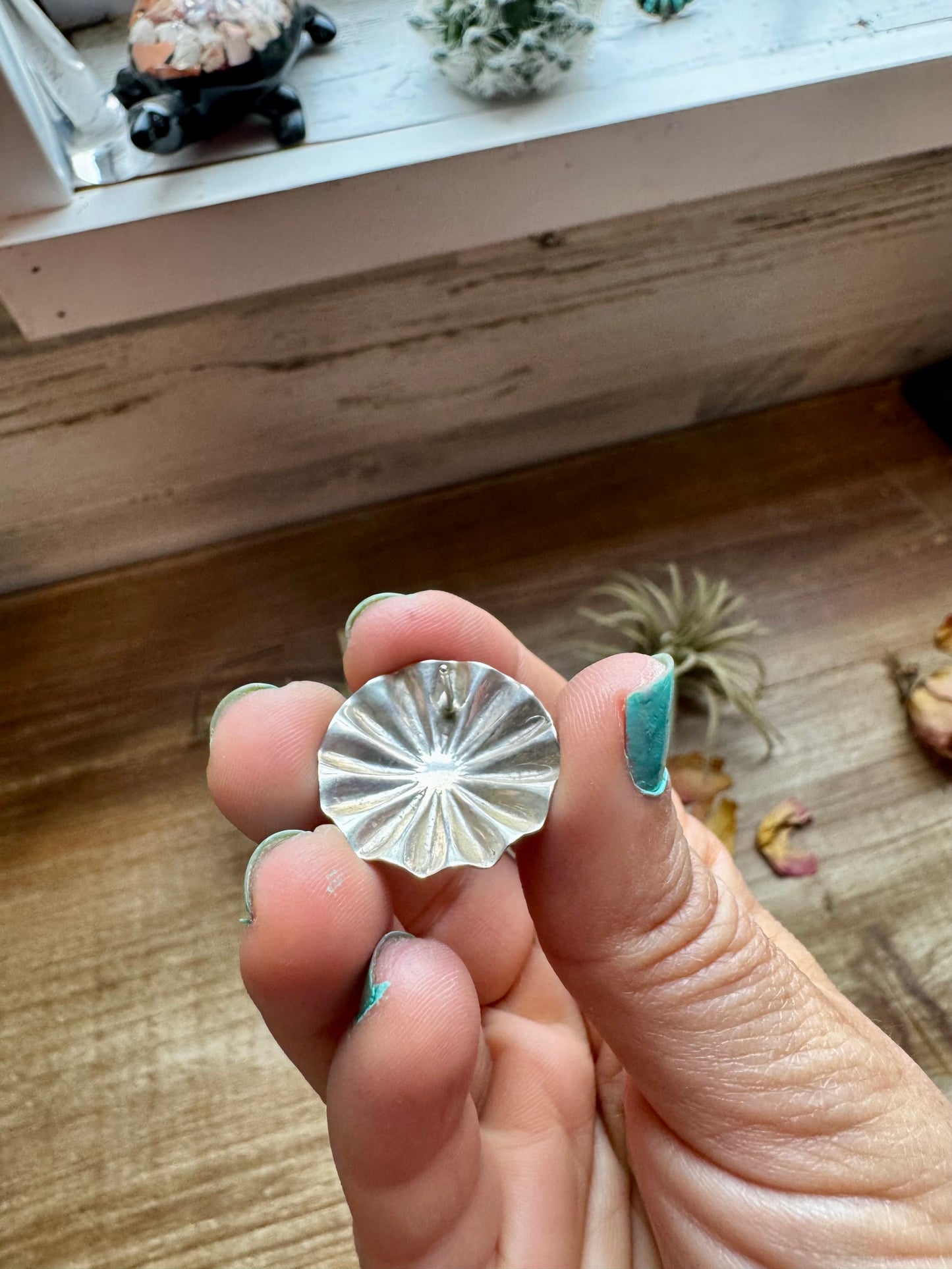 Handcrafted sterling silver concho earrings featuring genuine Kingman turquoise and traditional western stamping. Made in the USA. Each pair is one-of-a-kind. Curated by The Bijoux FAB.